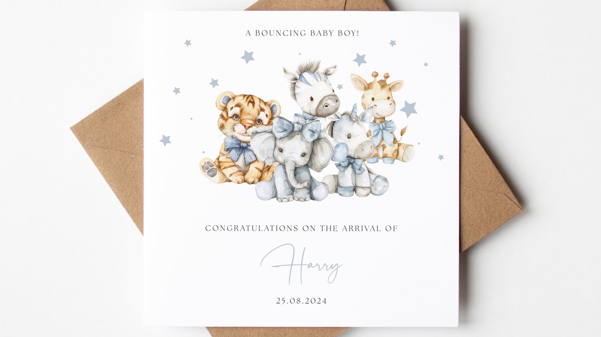 New Baby Boy Card with zoo animals on the front, personalised with the new babies name and date of birth