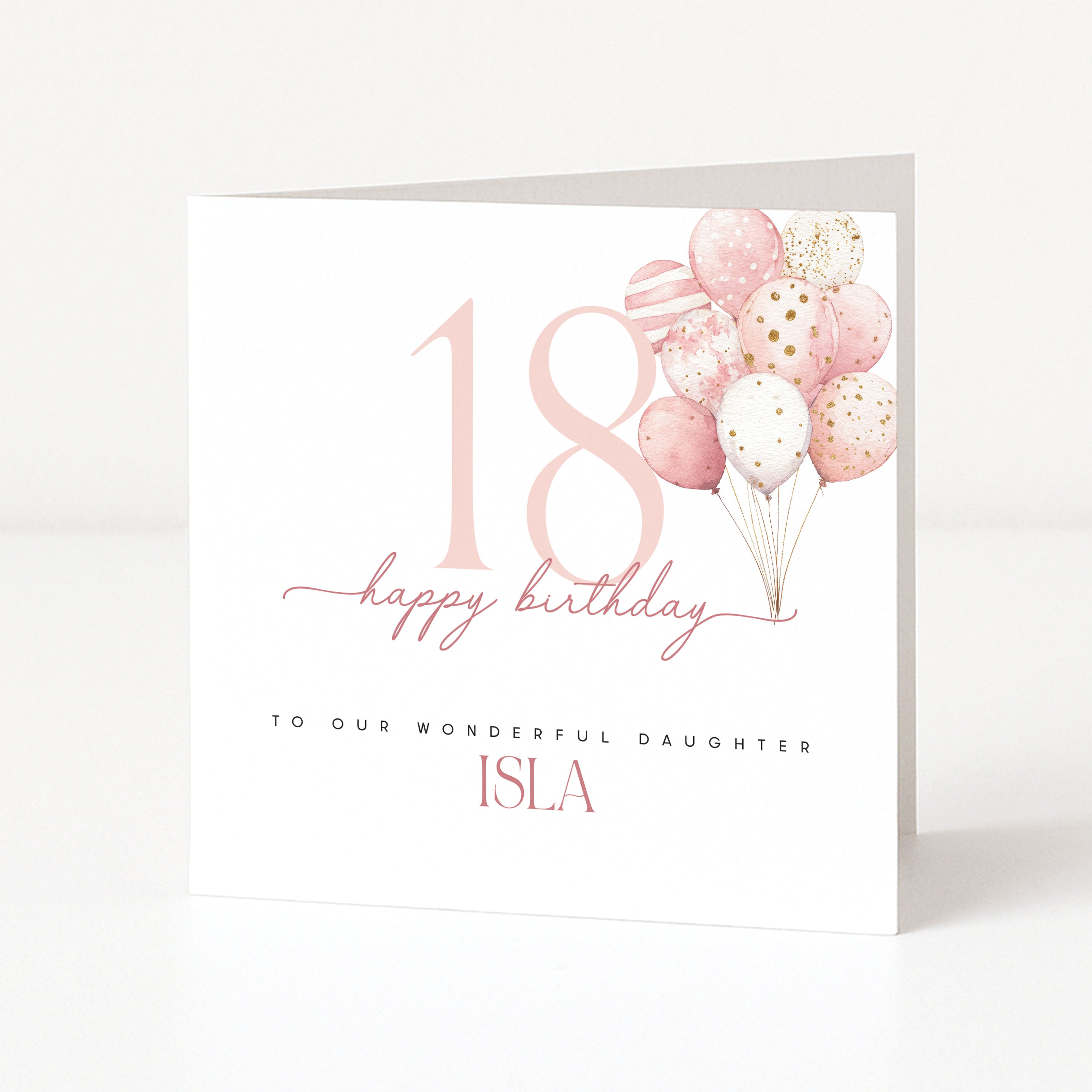 18th birthday card with pink balloons and personalized text on a white background