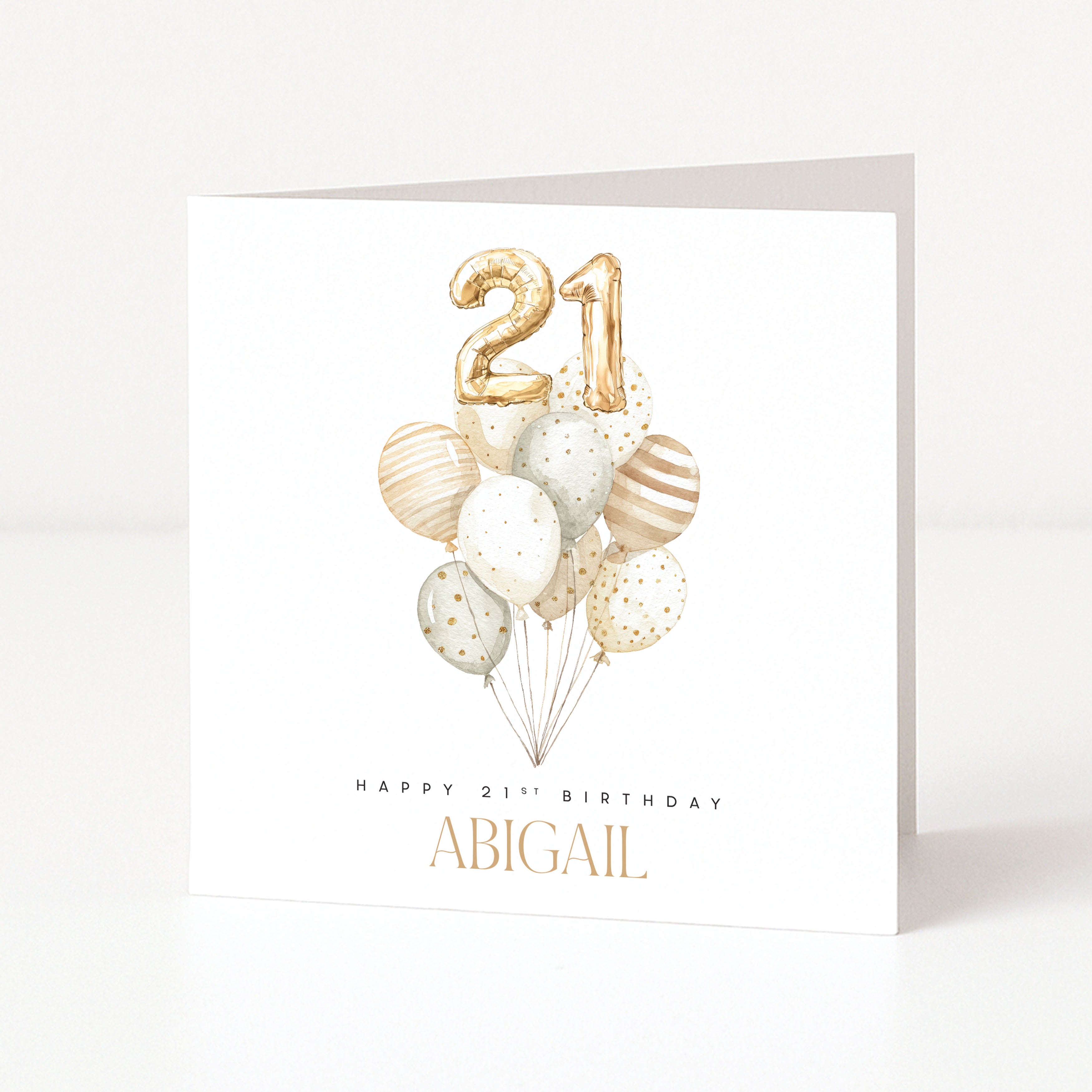 Greeting card with balloons and number '21' for a 21st birthday, personalized with 'Happy 21st Birthday Abigail'.