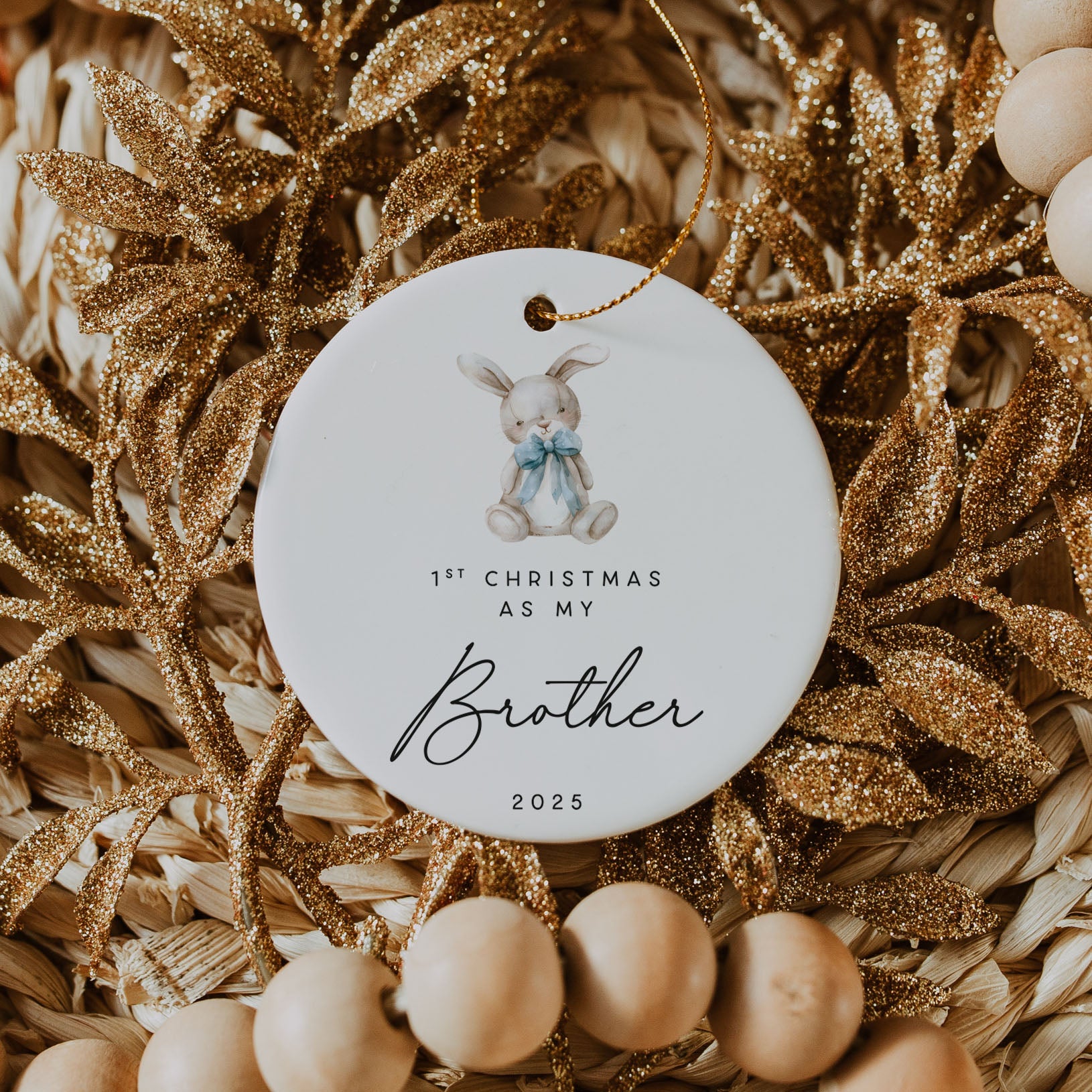 Decorative ornament with a rabbit illustration and text on a textured background