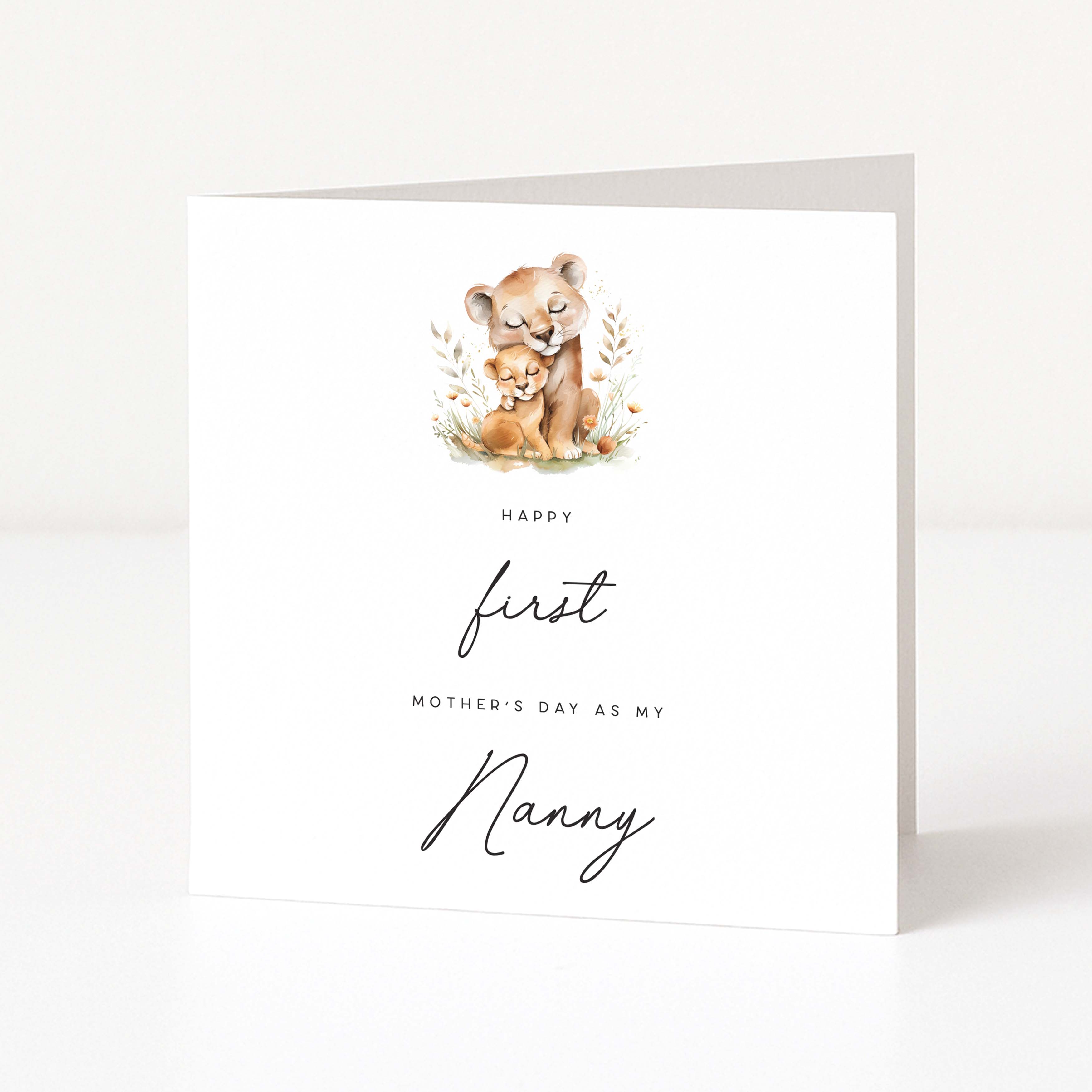 Greeting card with lioness and cub illustration and text on a white background