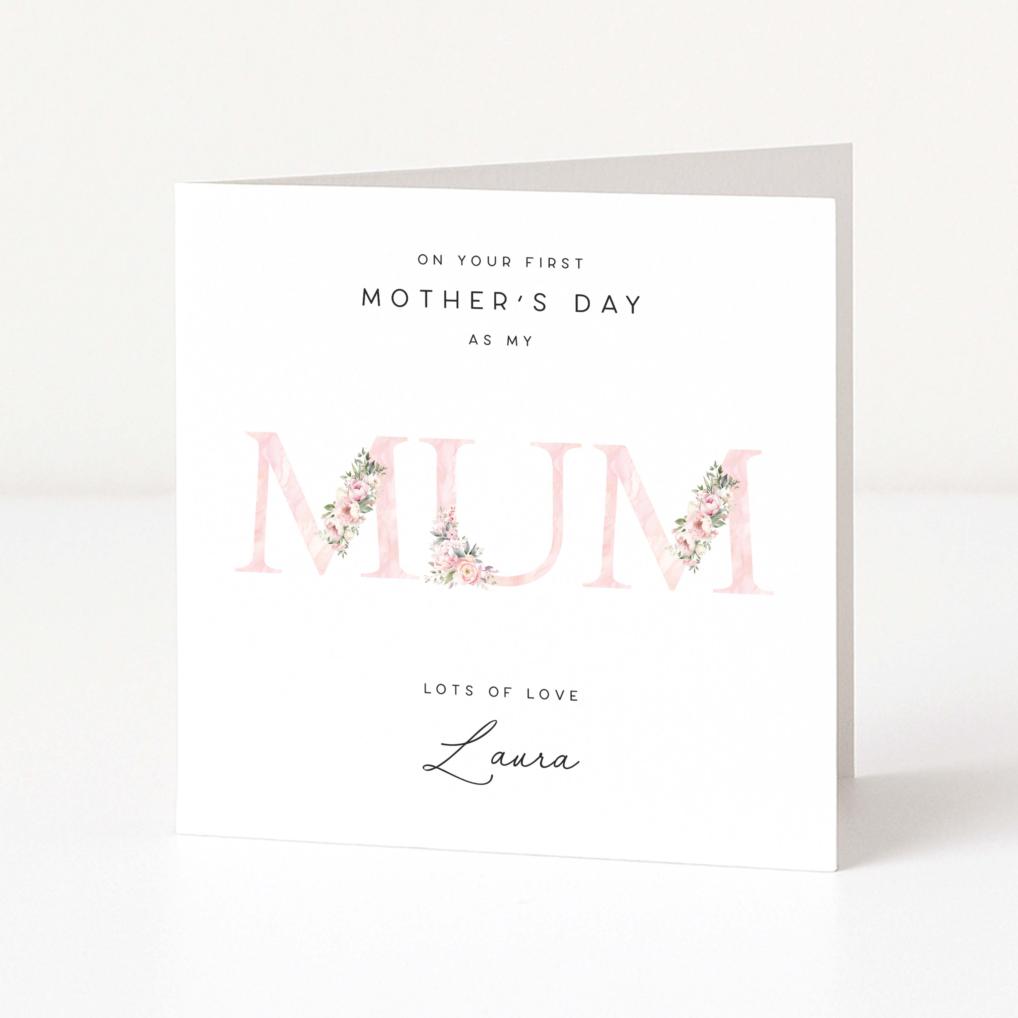 Greeting card for Mother's Day with floral design and personalized text on a white background