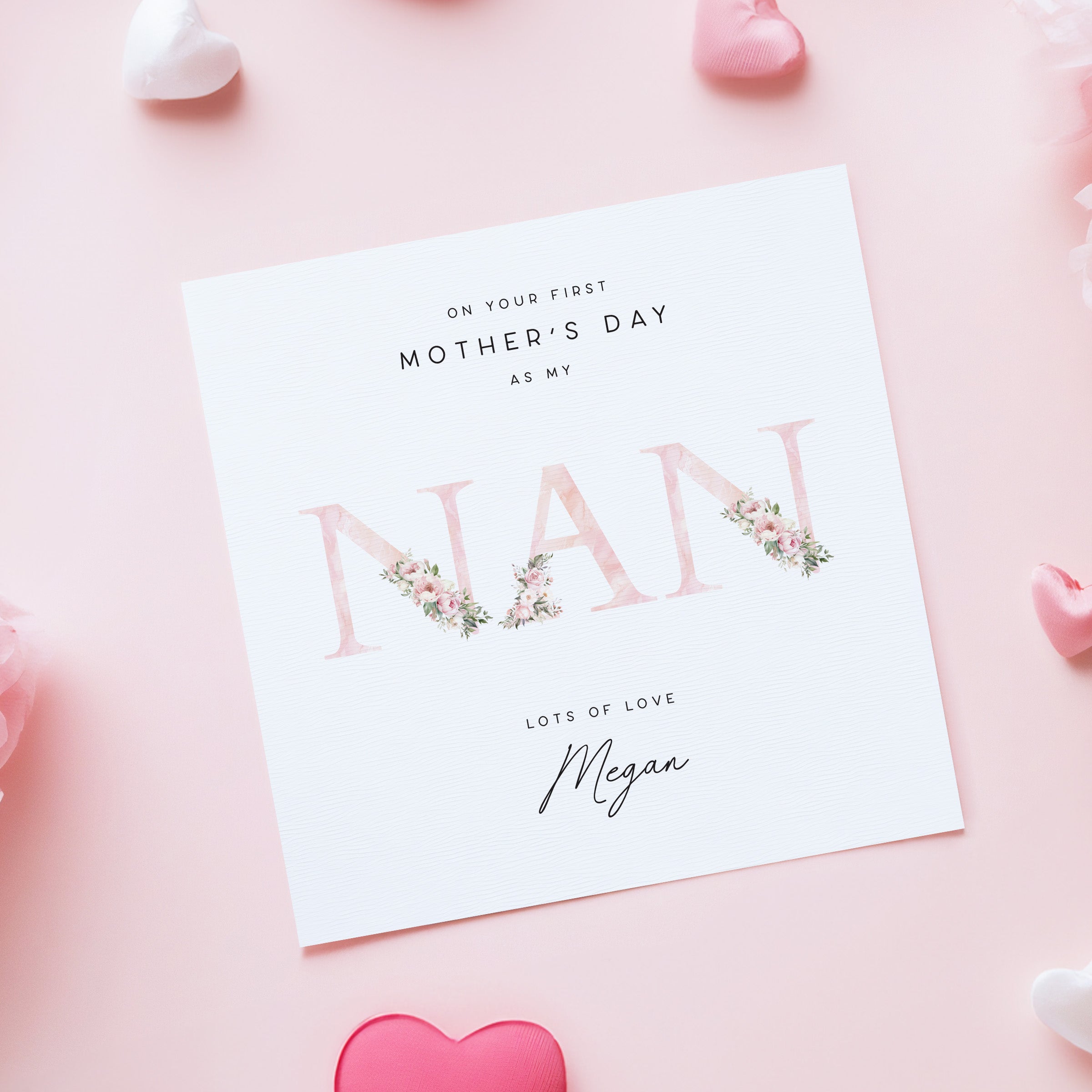 Greeting card for Mother's Day with floral design and personalized text on a pink background.