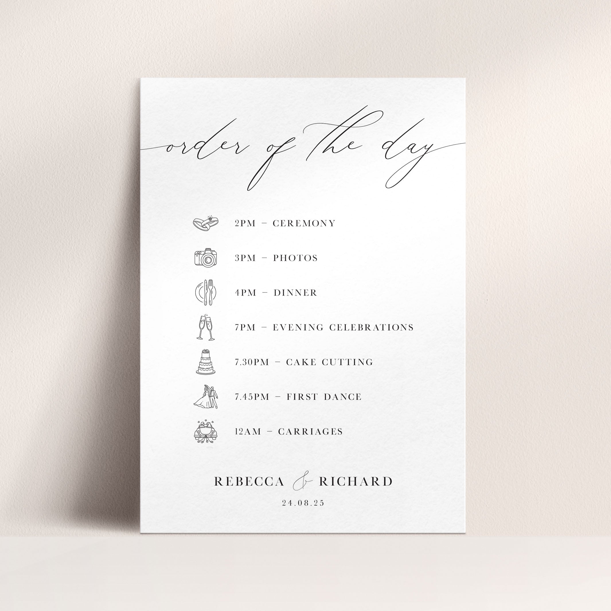 Modern Order of the Day Sign for Wedding in White - Aldgate Collection, Elle Bee Design