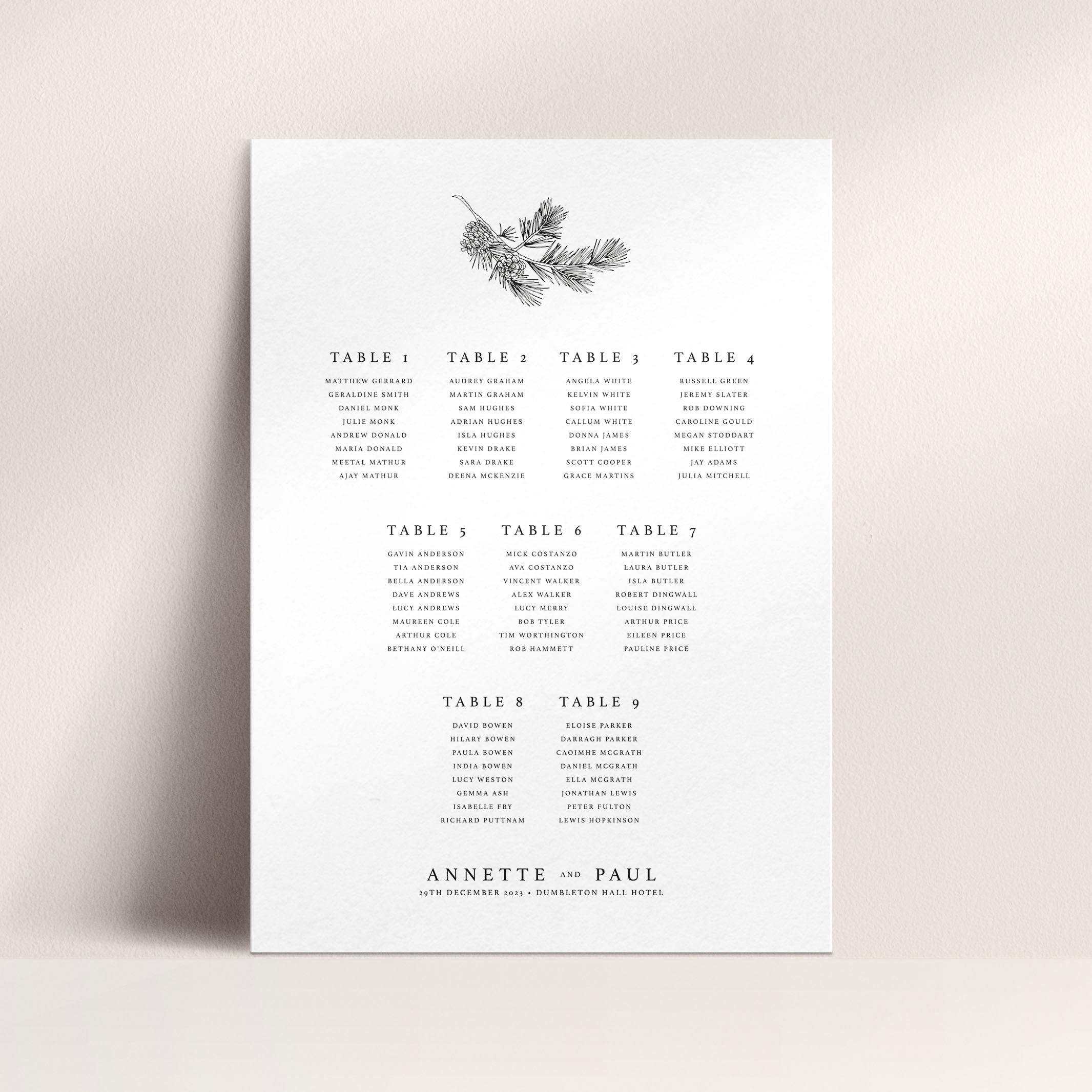 Winter Wedding Seating Plan in White - Angel Collection, Elle Bee Design