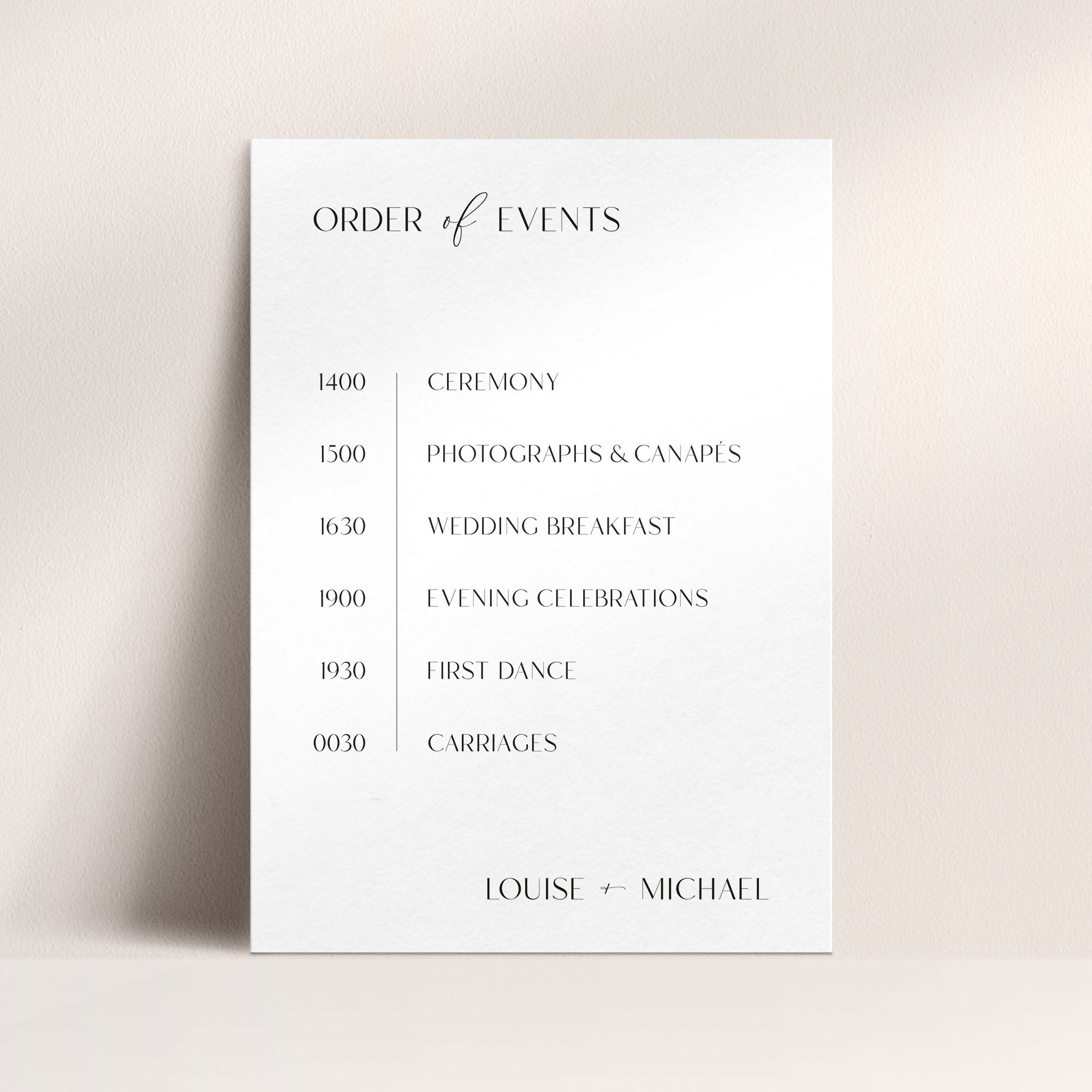 Modern Minimalist Order of Events Sign in White - Camden Collection, Elle Bee Design
