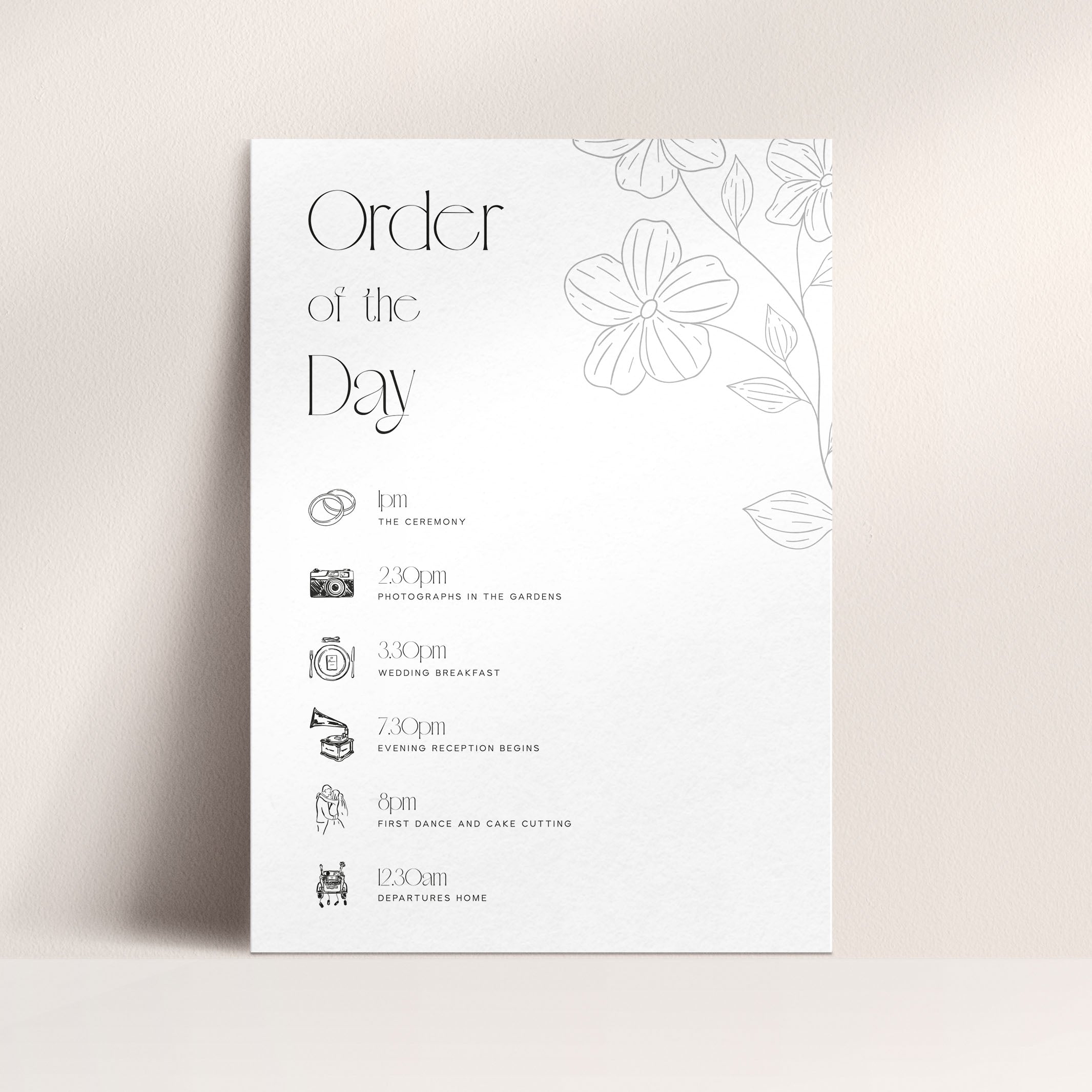 Modern Floral Wedding Order of the Day Sign in White - Clapham Collection, Elle Bee Design