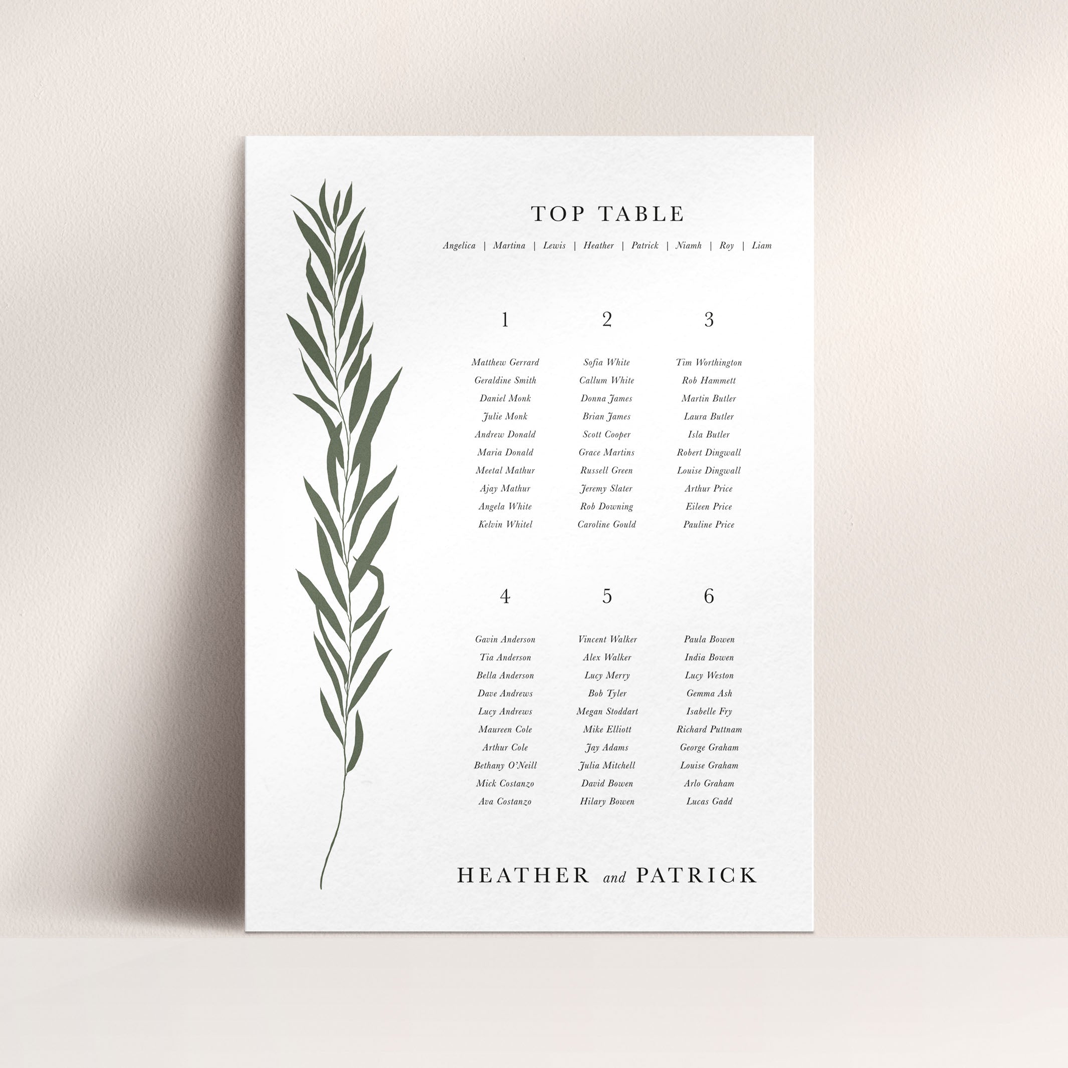 Botanical Wedding Table Plan in White - Heather Collection, Elle Bee Design