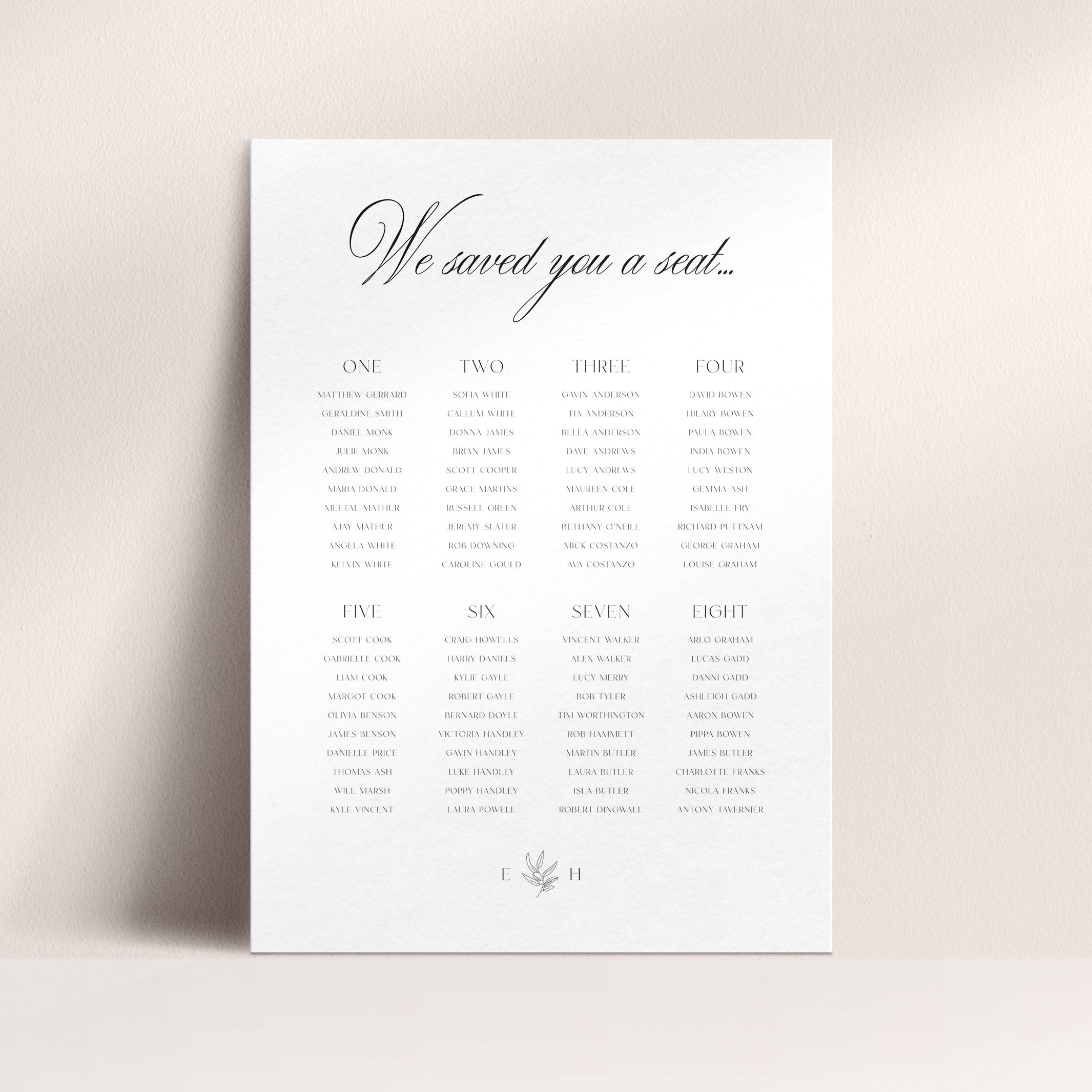 Modern Botanical Monogram Wedding Seating Plan in White - Hyde Park Collection, Elle Bee Design
