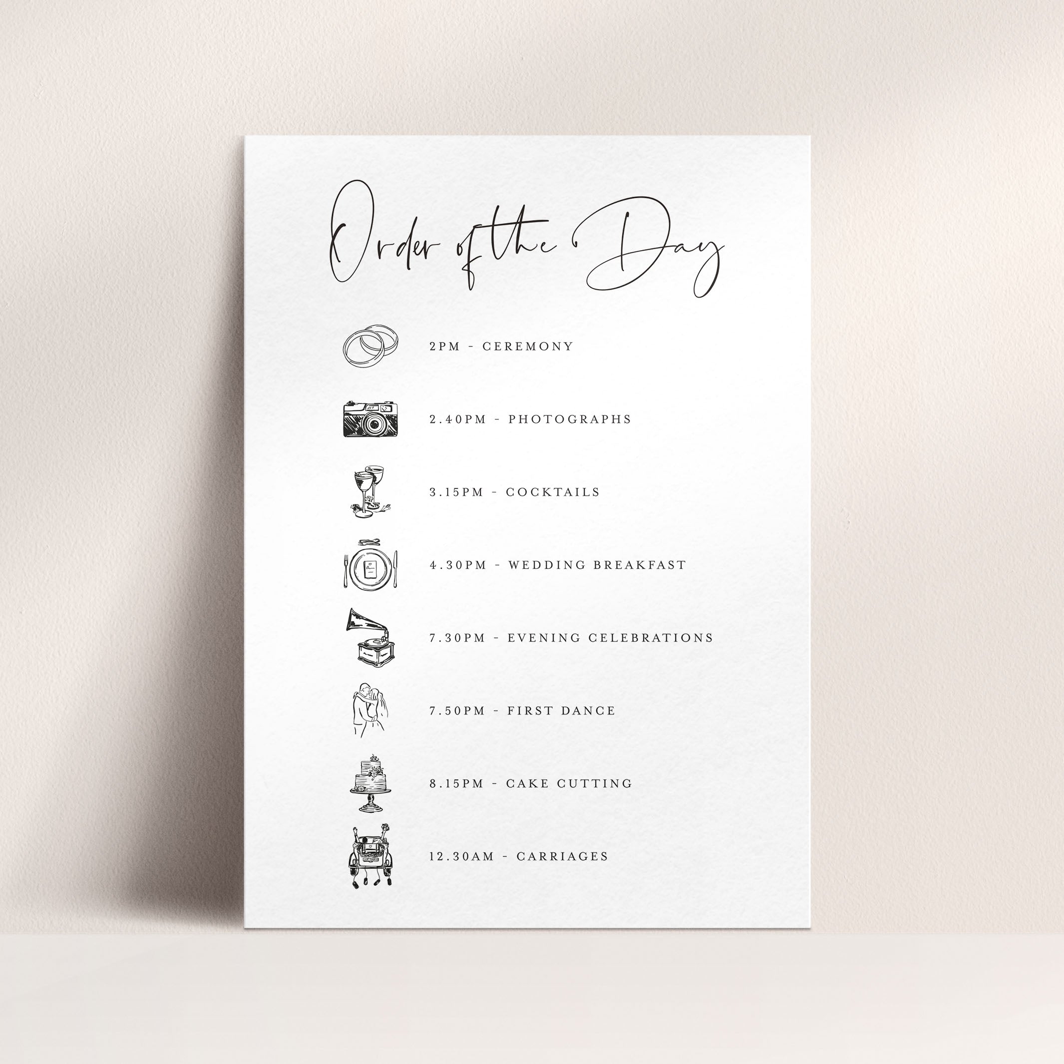 Modern Order of the Day Sign for Wedding in White - Kilburn Collection, Elle Bee design