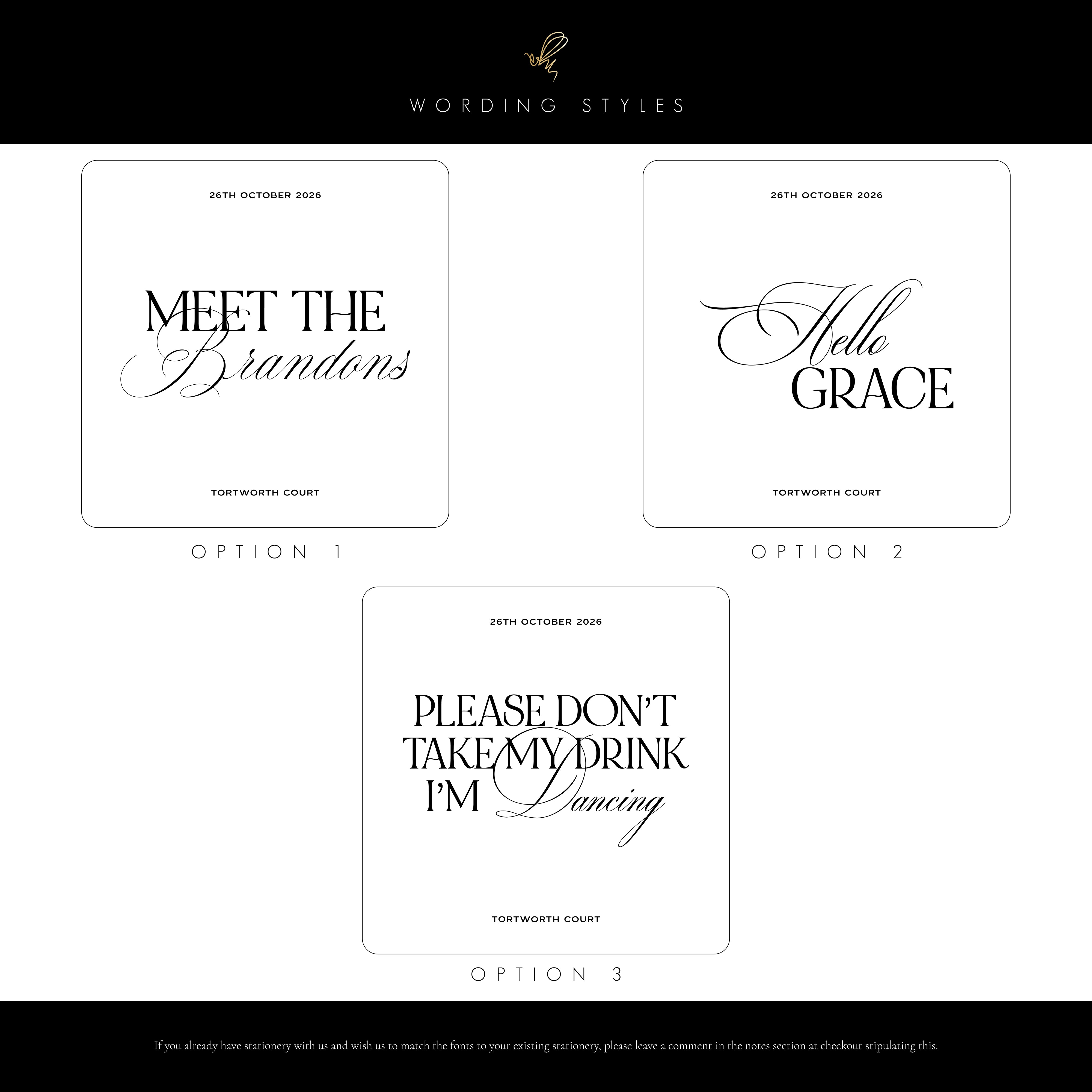Three stylish text design options for acrylic coasters on a white background with 'Wording Styles' branding.