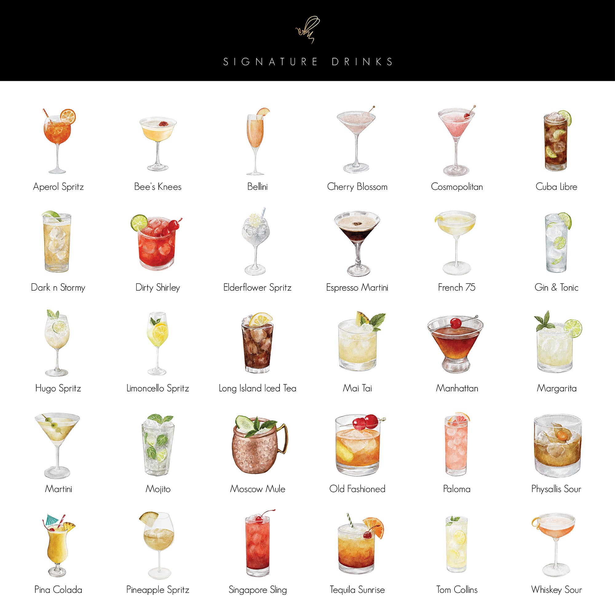 Illustrations of various cocktails with names below on a white background