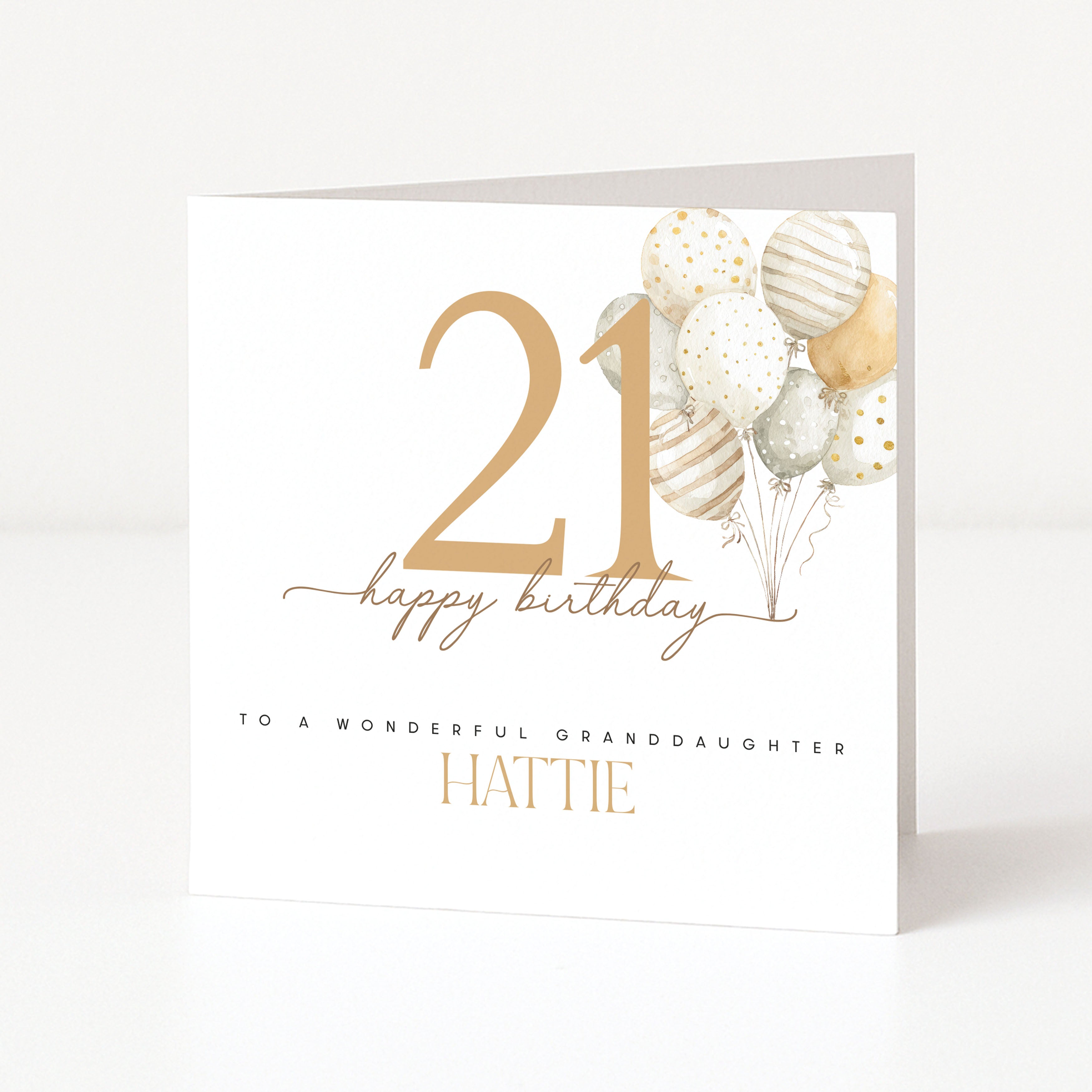 Birthday card with gold number 21 and balloons on a white background
