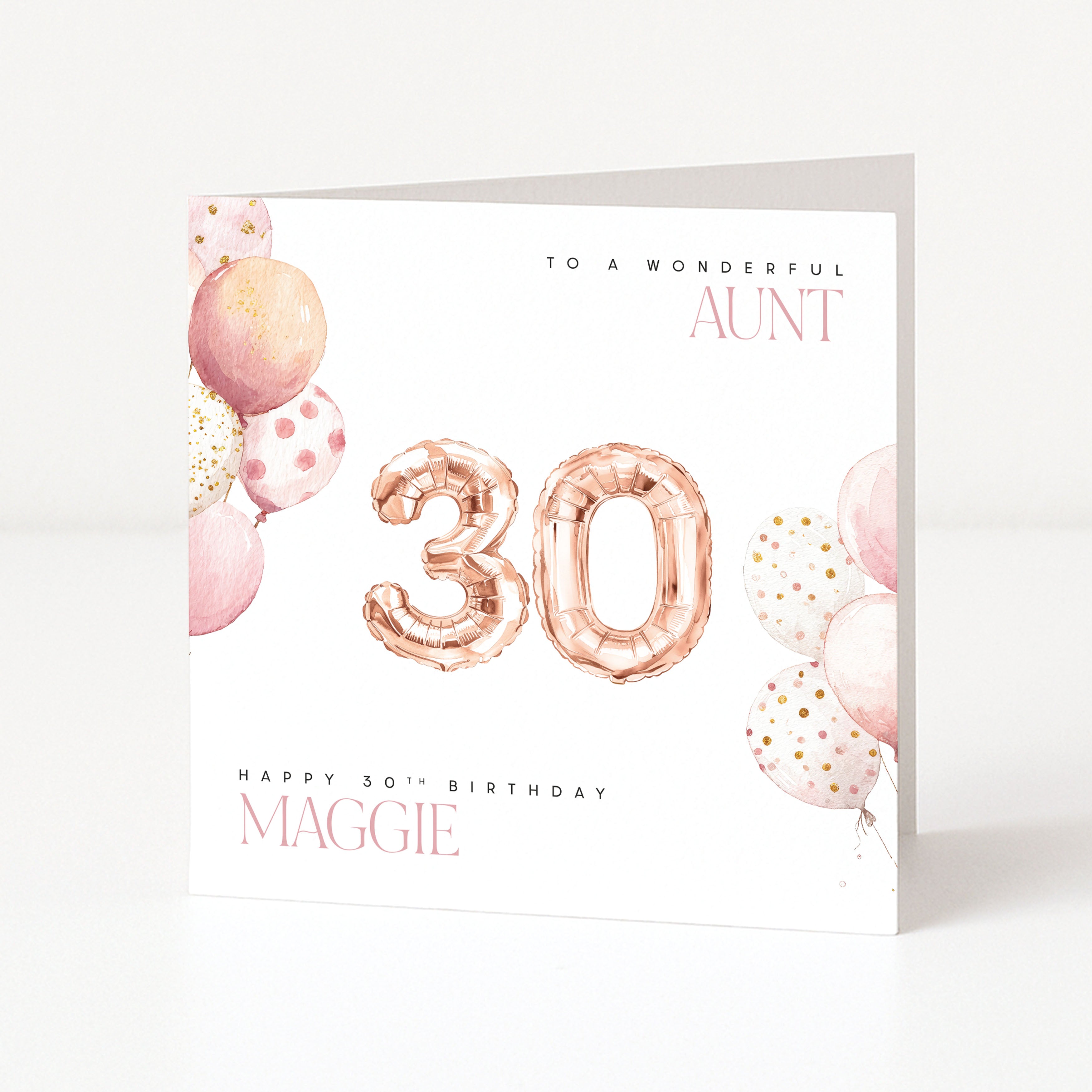 Birthday card with rose gold balloons and '30' for a 30th birthday celebration.