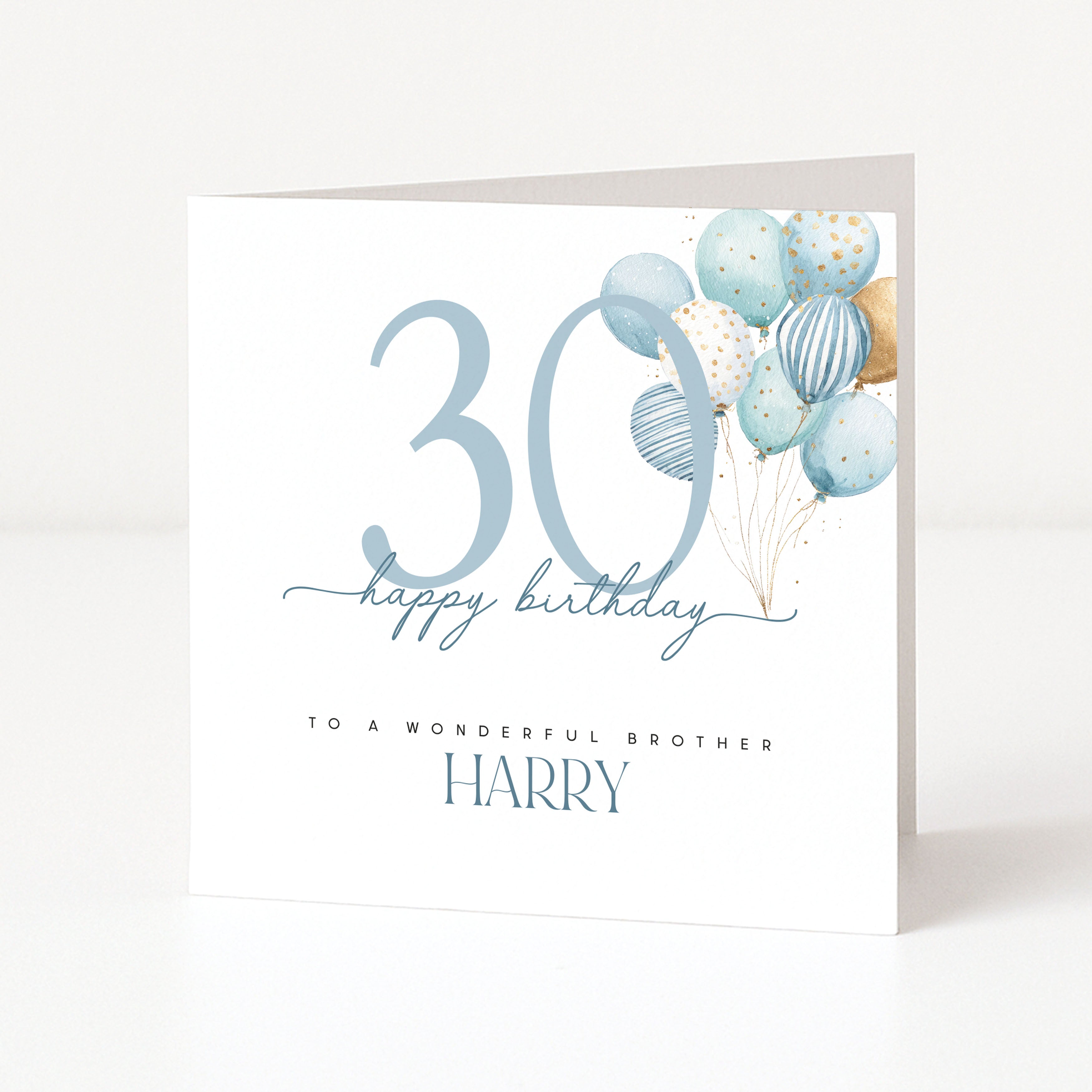 Birthday card with blue balloons and '30 happy birthday' text on a white background