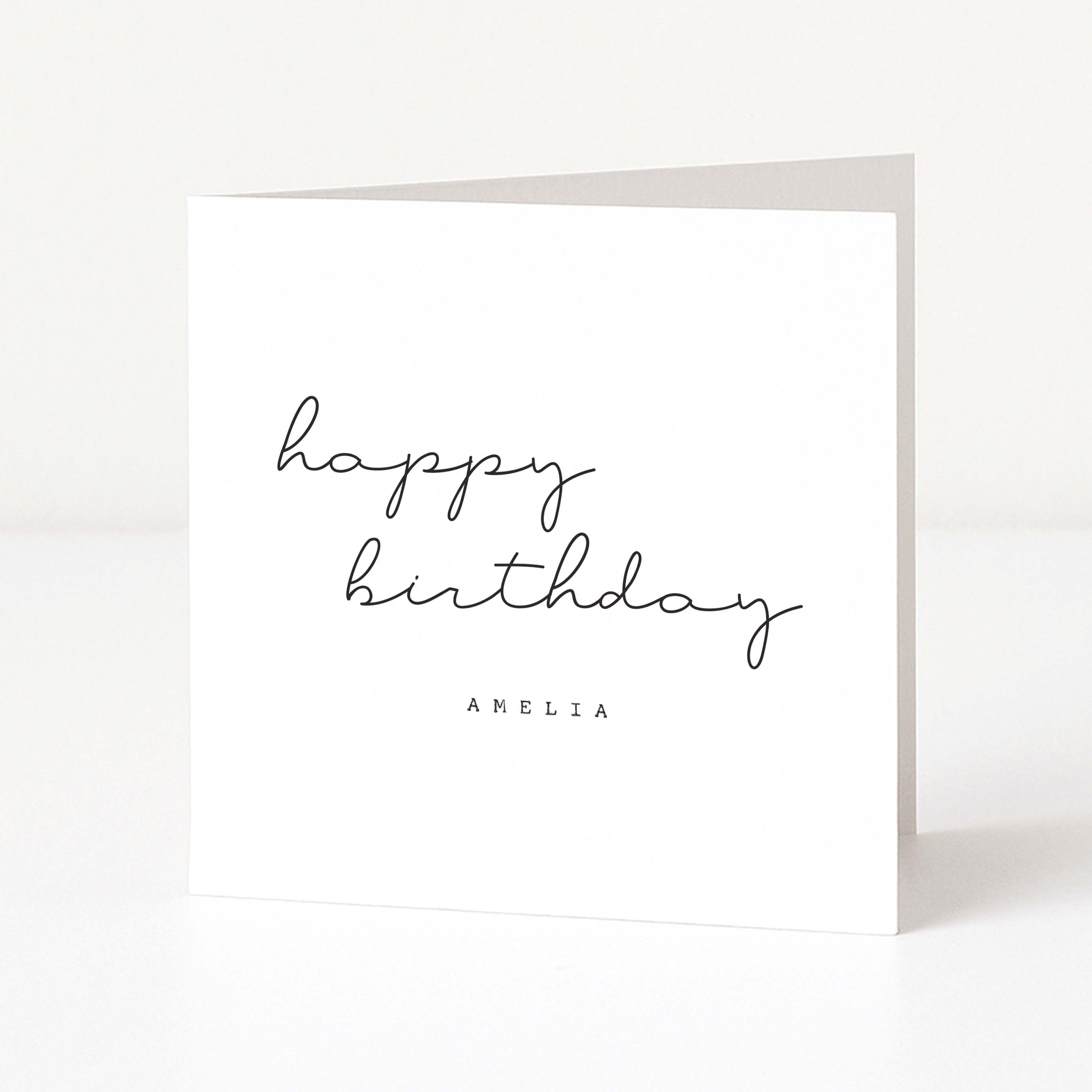 White birthday card with 'happy birthday' and 'AMELIA' text on a white background