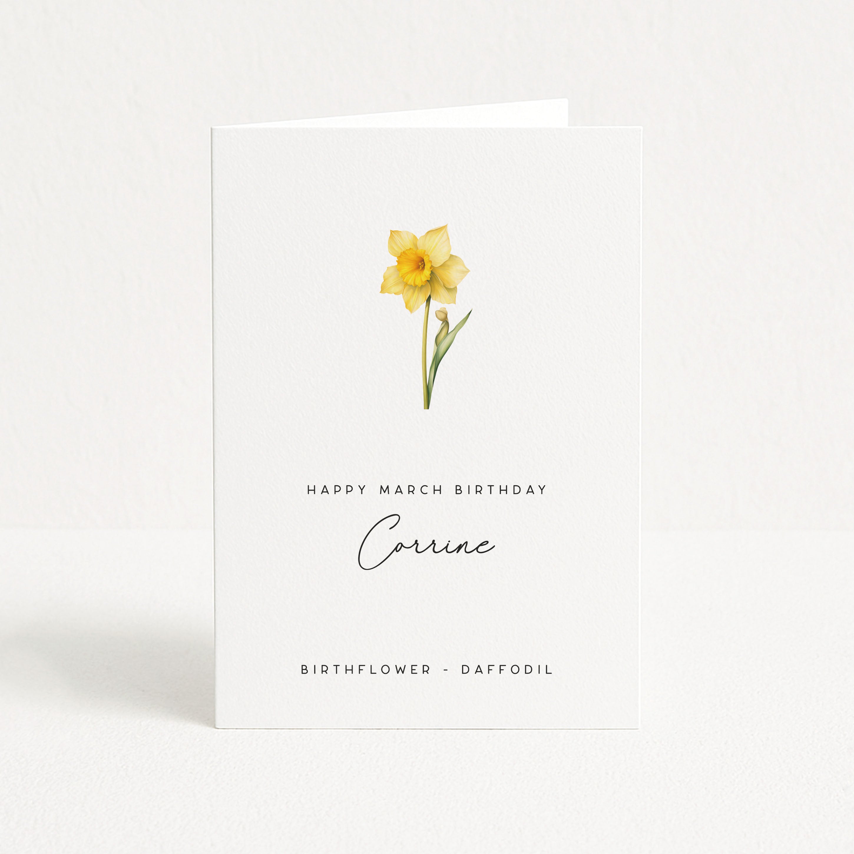 Greeting card with a daffodil illustration and birthday message on a white background