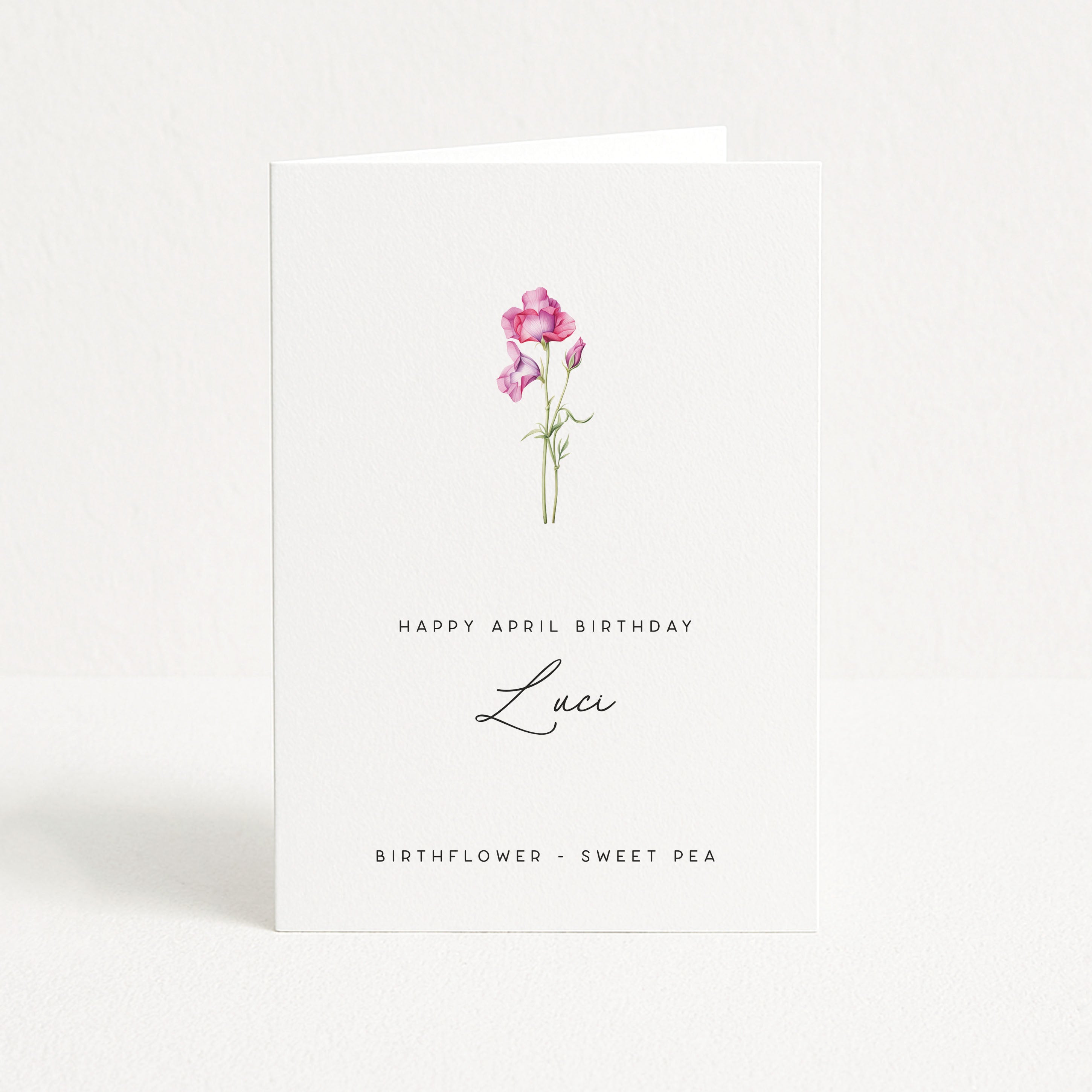 Greeting card with a pink flower illustration and text on a white background