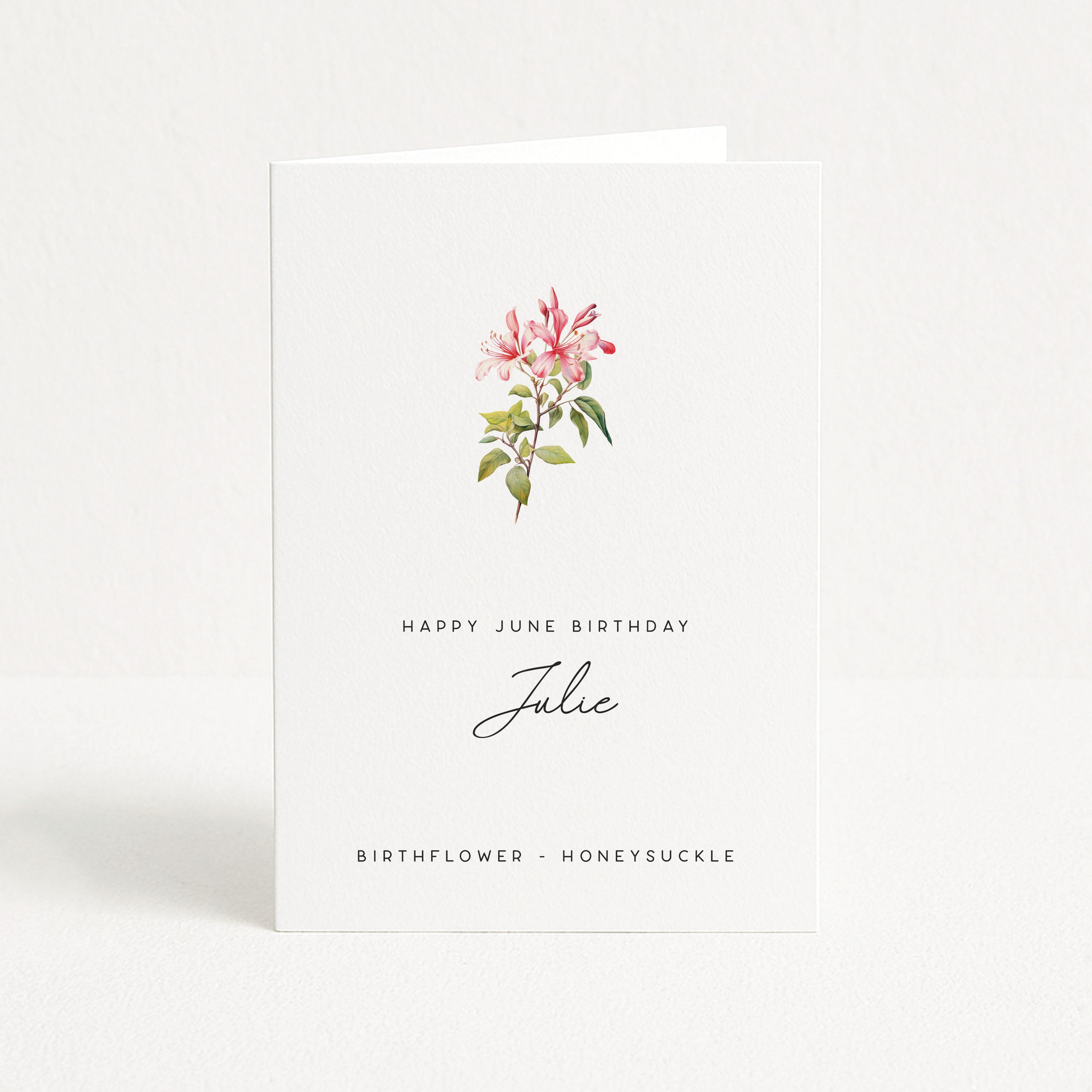 Greeting card with honeysuckle illustration and text on a white background