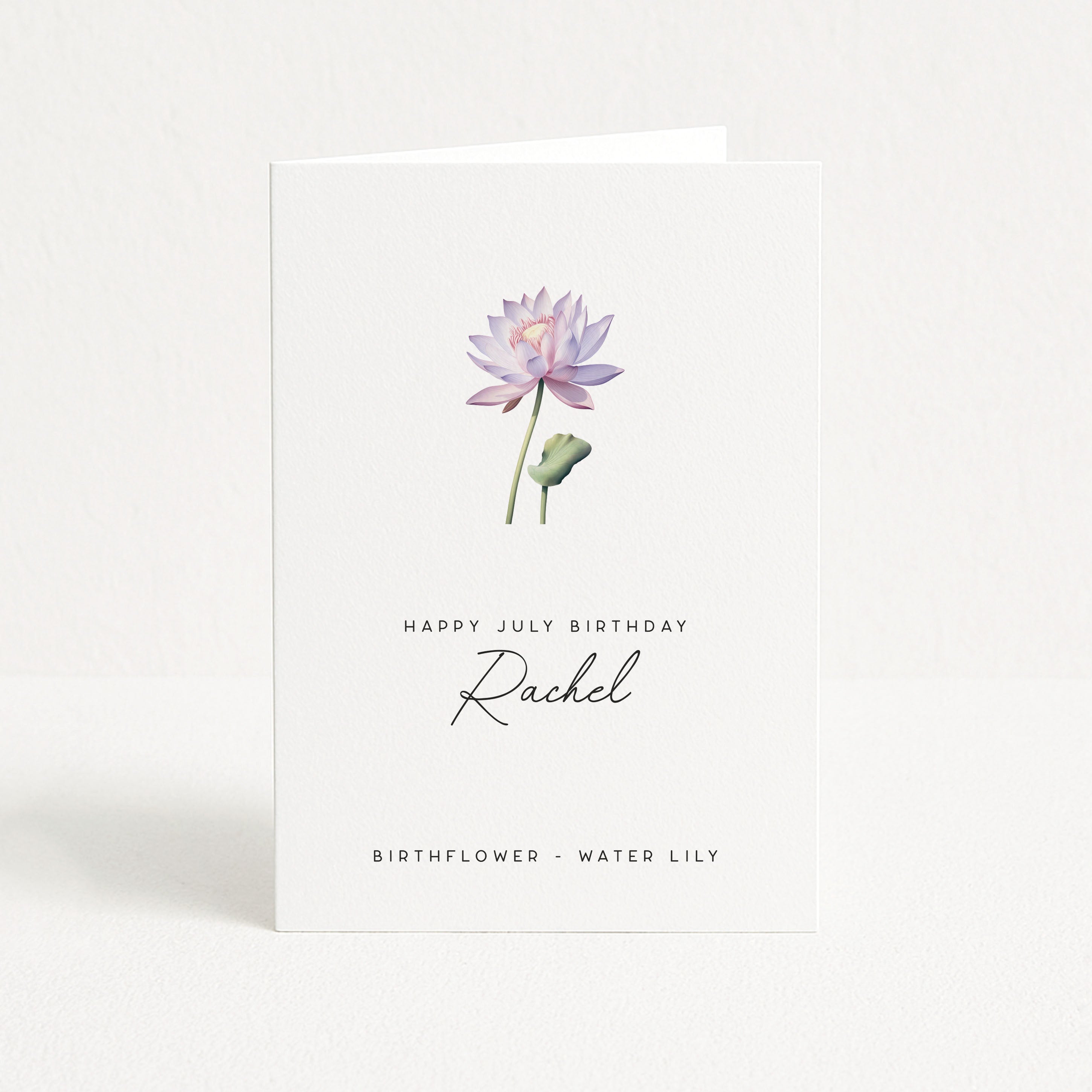 Greeting card with water lily illustration and personalized text on a white background