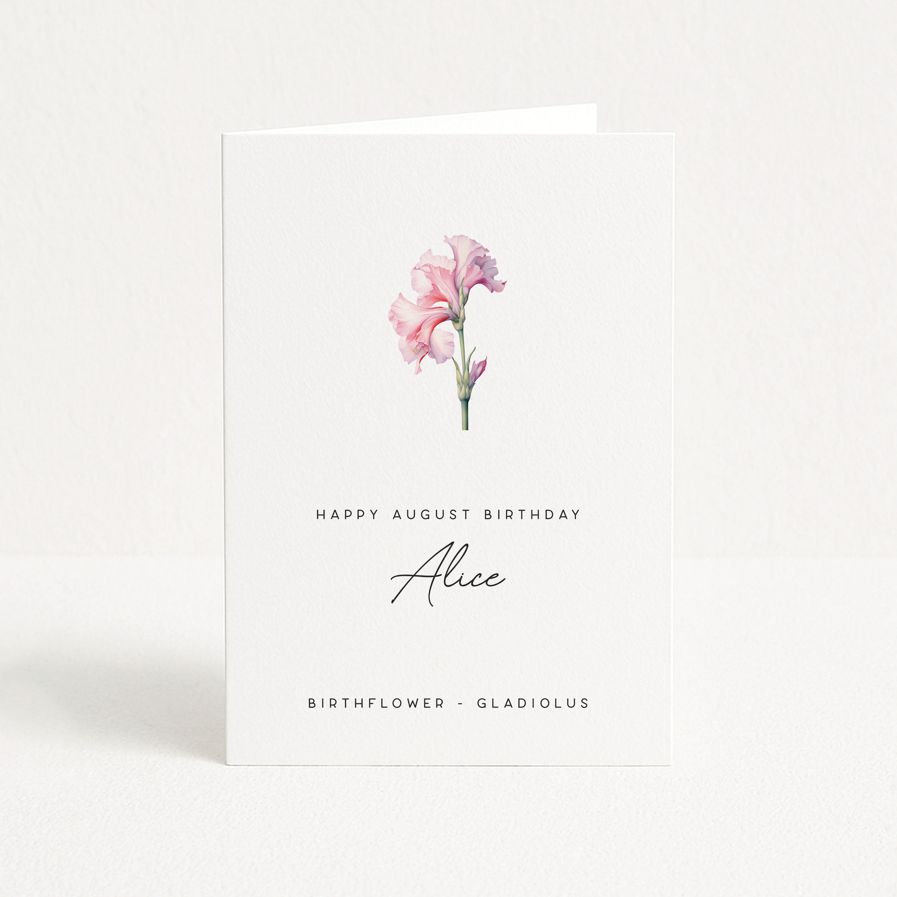Greeting card with a pink flower illustration and text on a white background