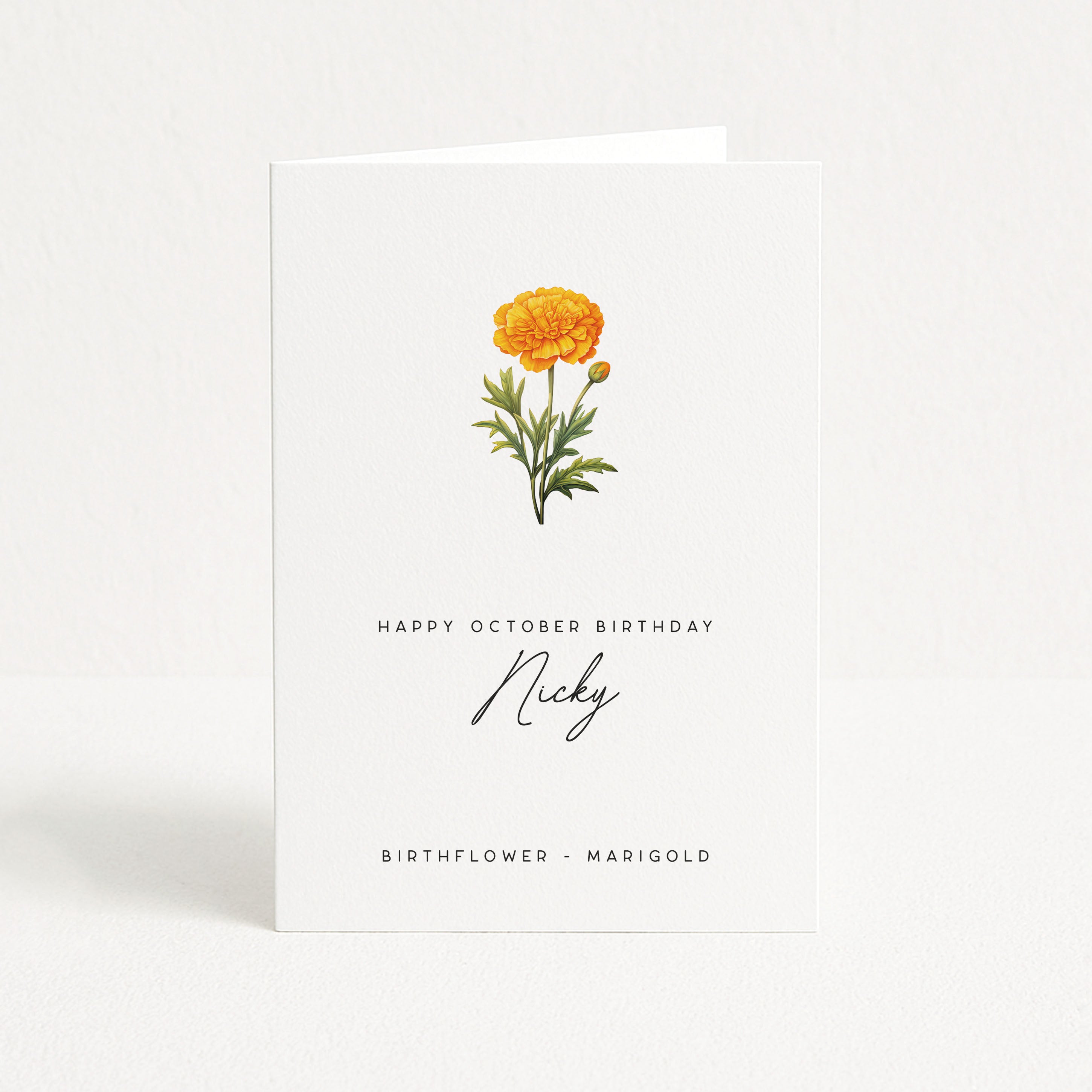Greeting card with marigold flower illustration and personalized text on a white background
