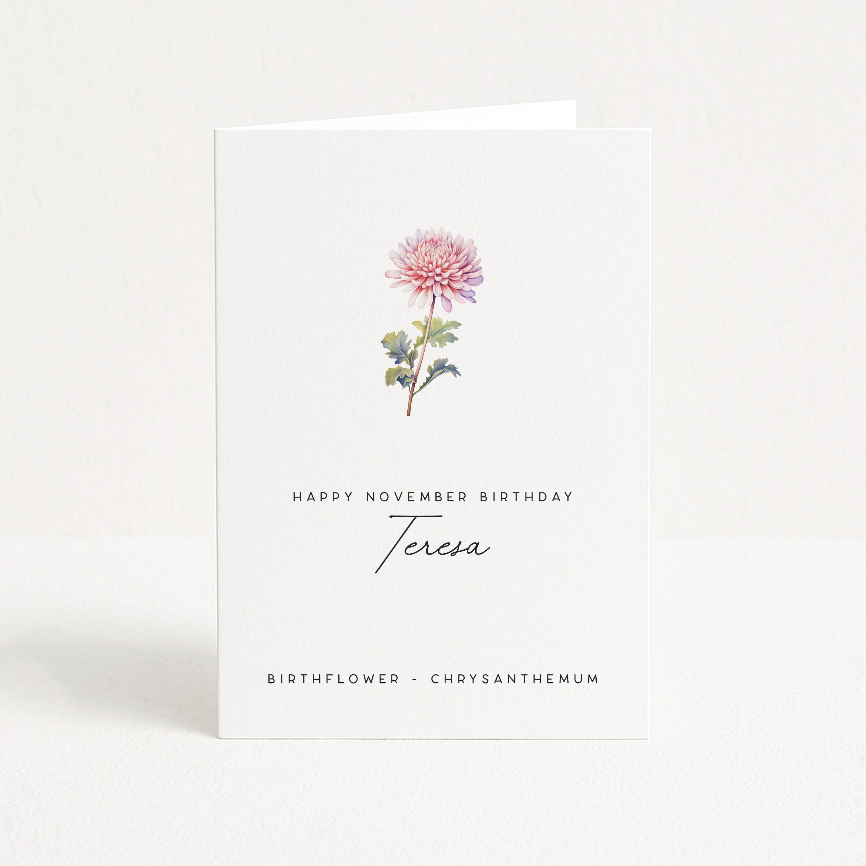Greeting card with a chrysanthemum illustration and birthday message on a white background