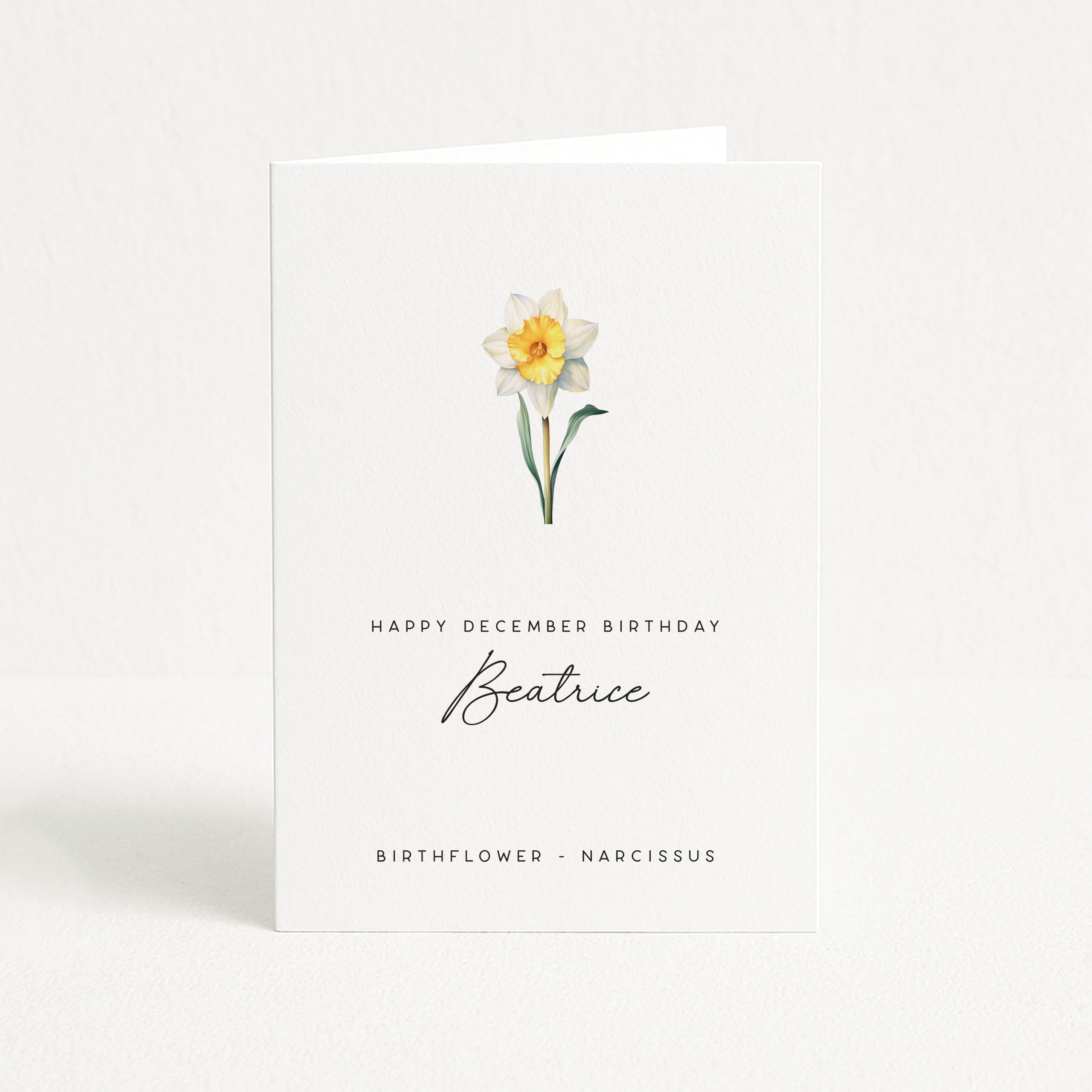 Greeting card with a narcissus illustration and personalized text on a white background