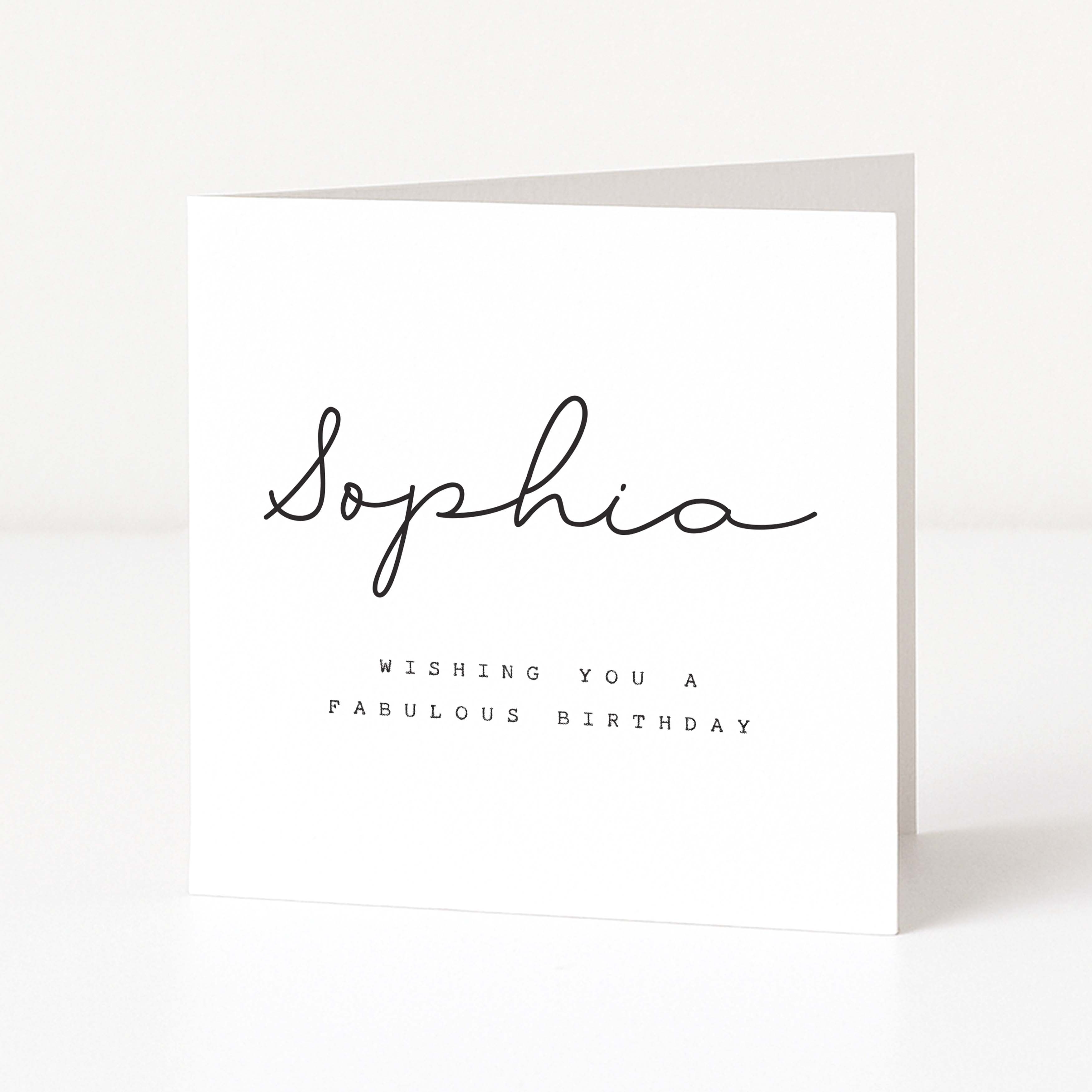Greeting card with 'Sophia' and 'Wishing you a fabulous birthday' text on a white background