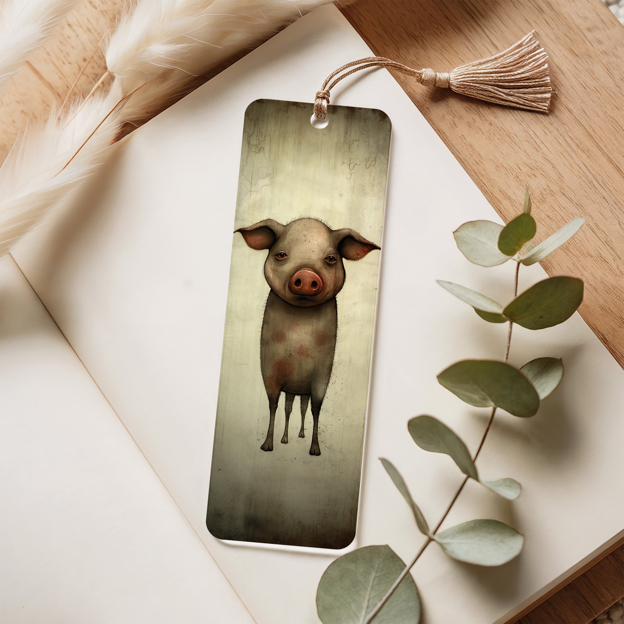 Acrylic Bookmark with a pig illustration on a wooden surface with eucalyptus leaves