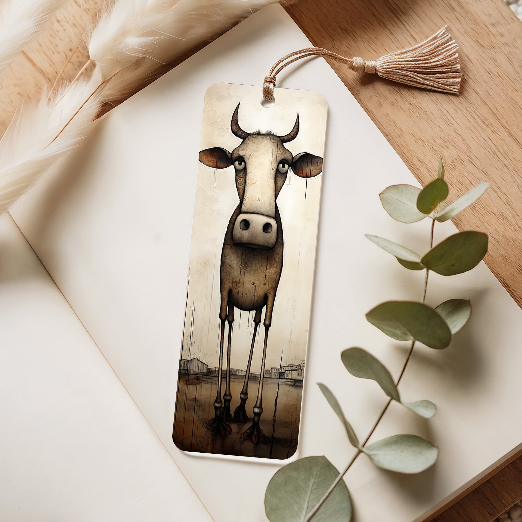 Bookmark with cow illustration on a wooden surface with eucalyptus leaves