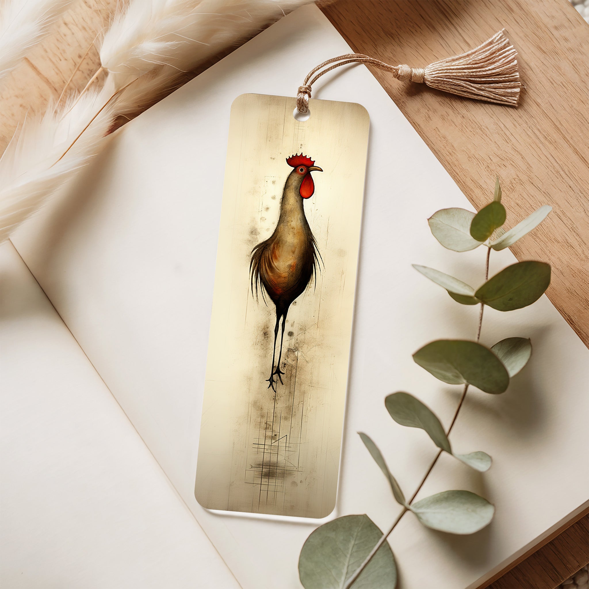 Bookmark with a rooster design on a wooden surface with leaves and feathers.