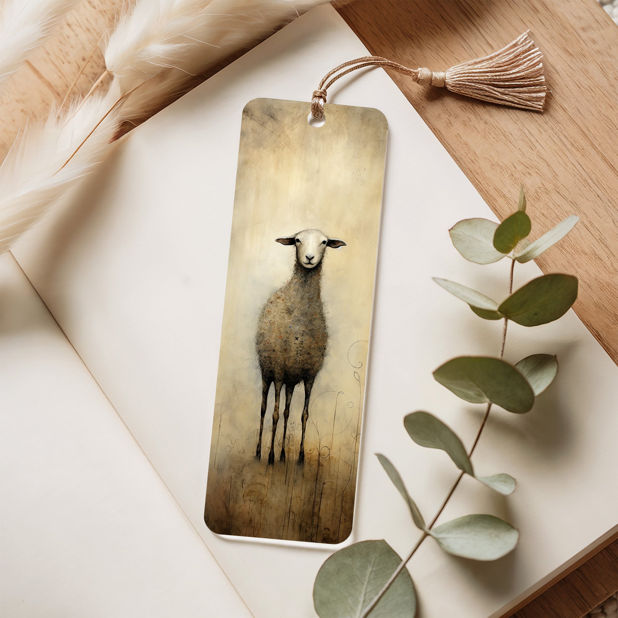 Bookmark with a sheep illustration on a wooden surface with eucalyptus leaves