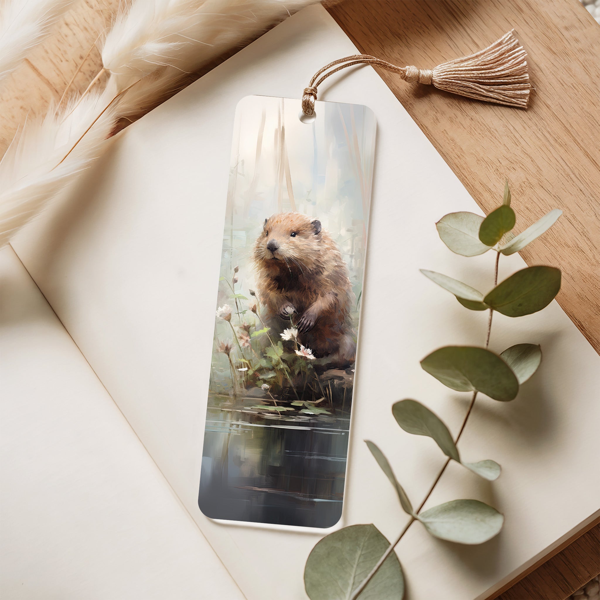 Bookmark with a beaver design on a wooden surface with eucalyptus leaves
