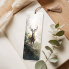 Bookmark with a deer design on a wooden surface with eucalyptus leaves