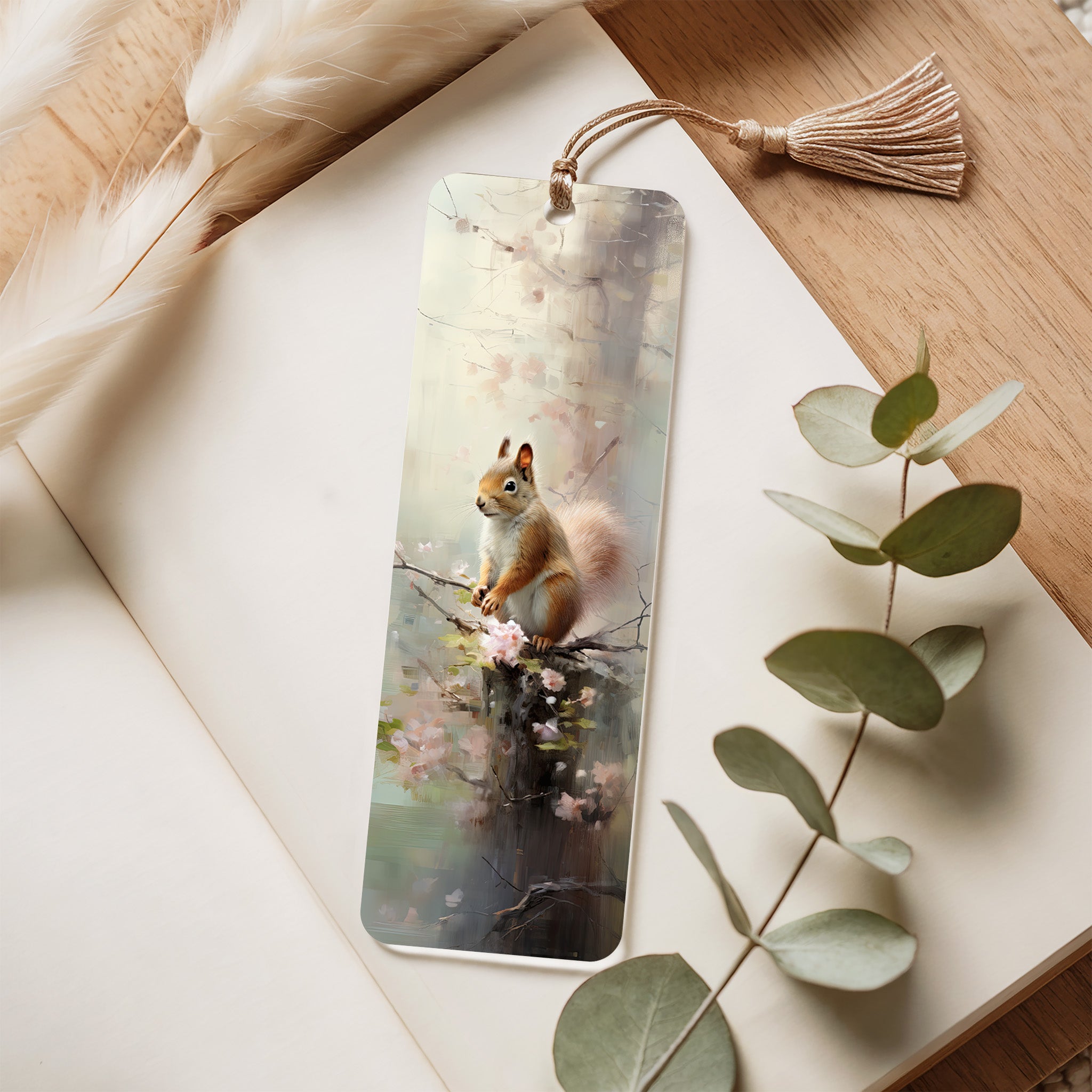 Bookmark with a squirrel design on a wooden surface with eucalyptus leaves