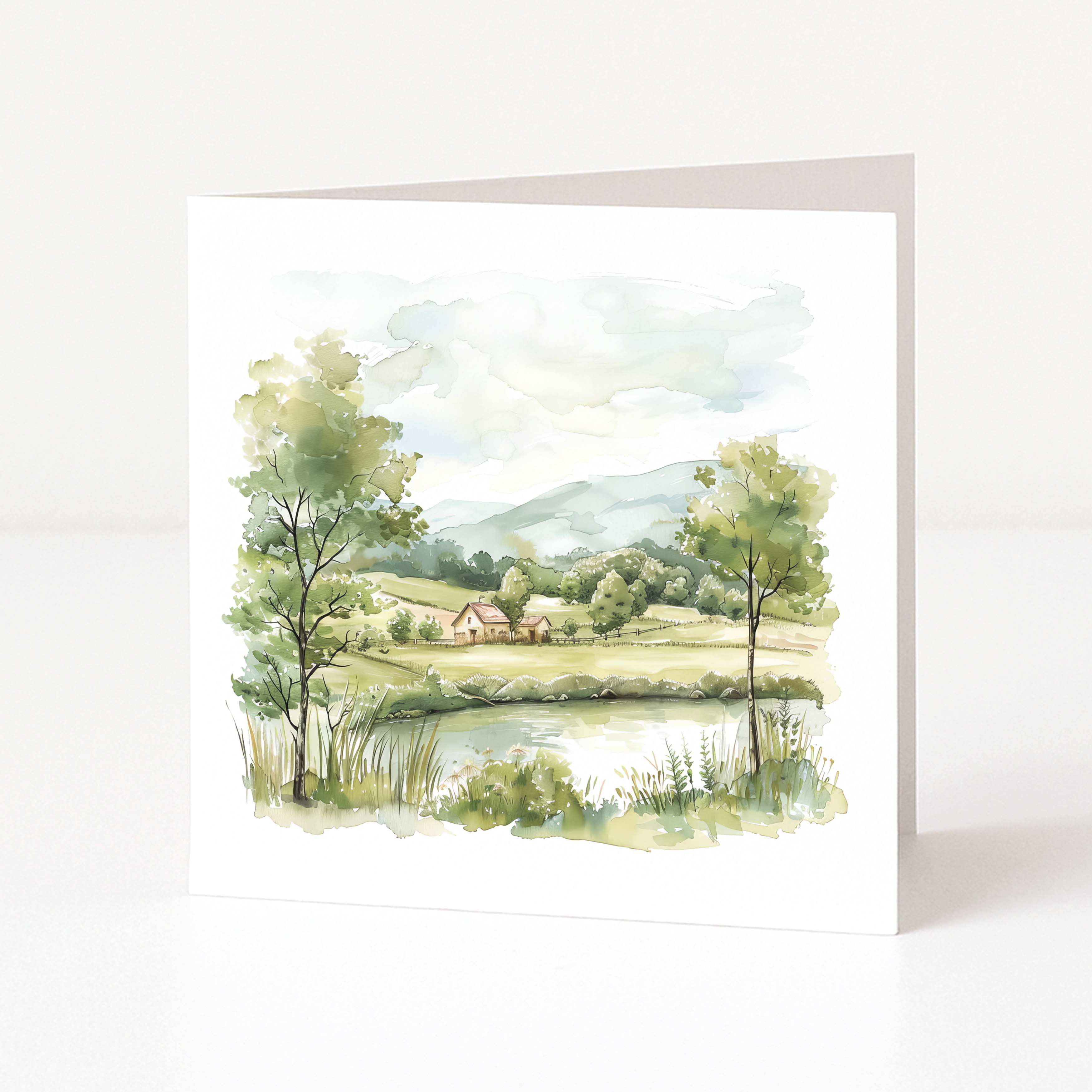 Greeting card with a watercolor landscape of trees, house, and lake on a white background