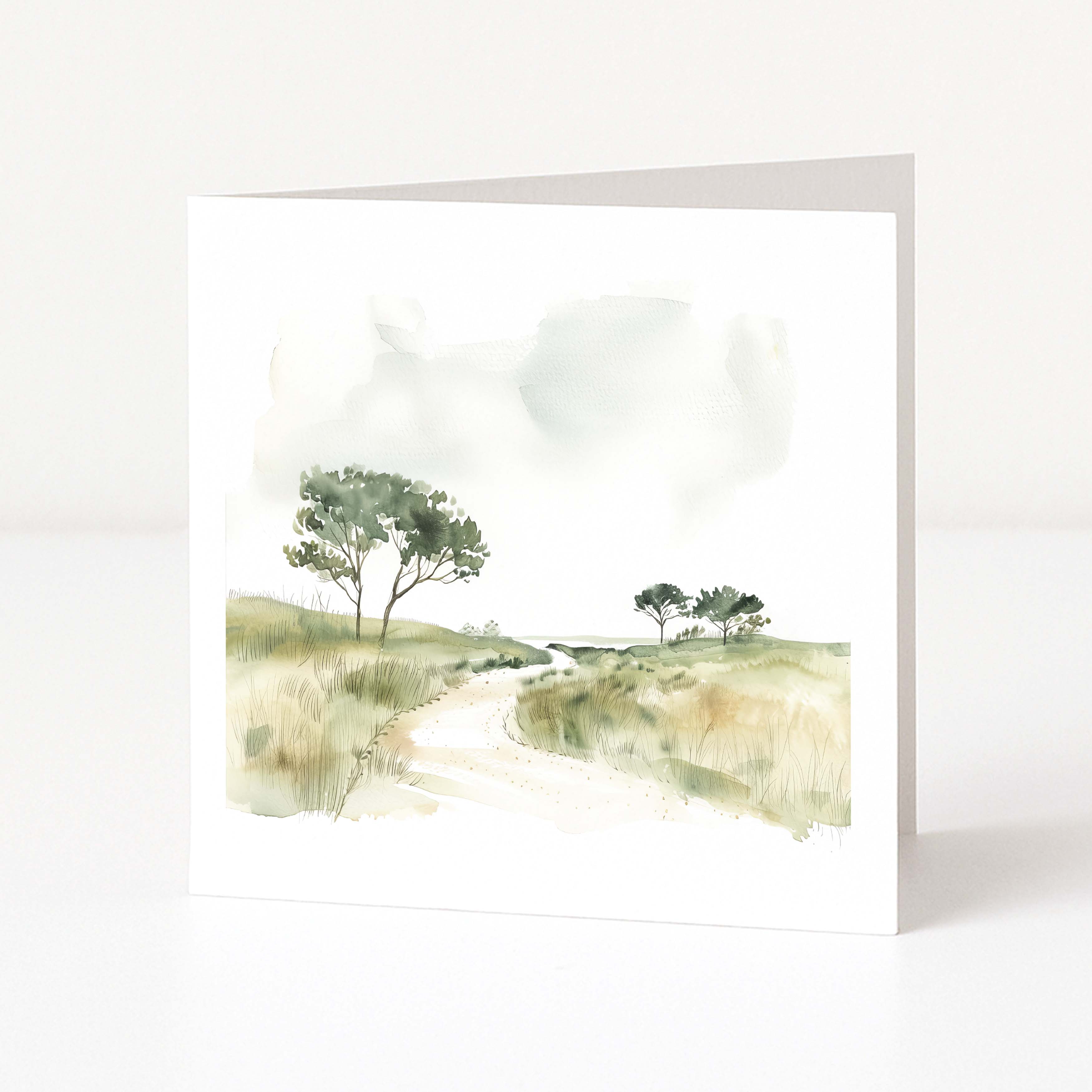 Greeting card with a scenic illustration of trees and a path on a white background
