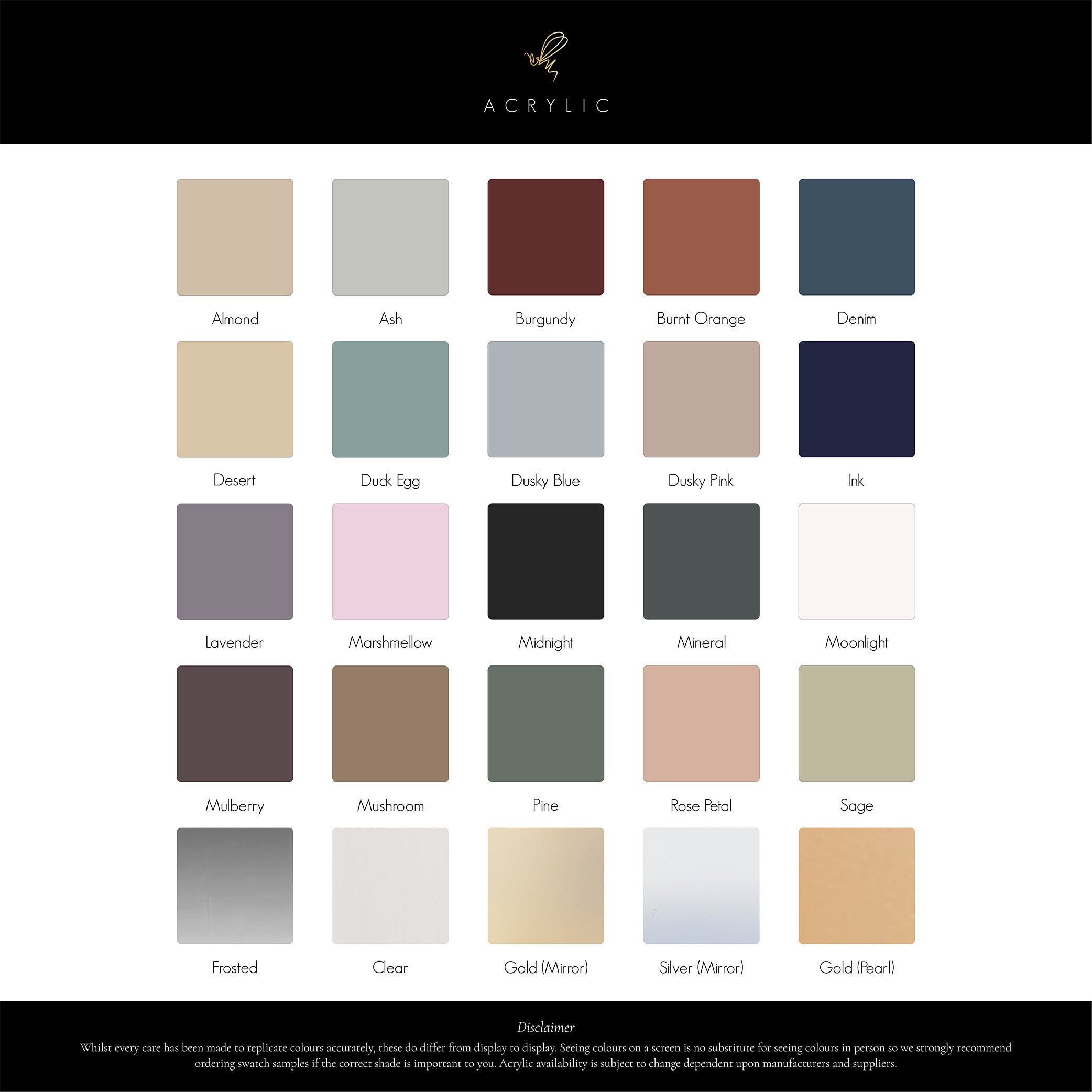 Colour chart of all the colours we offer for our acrylic guest books
