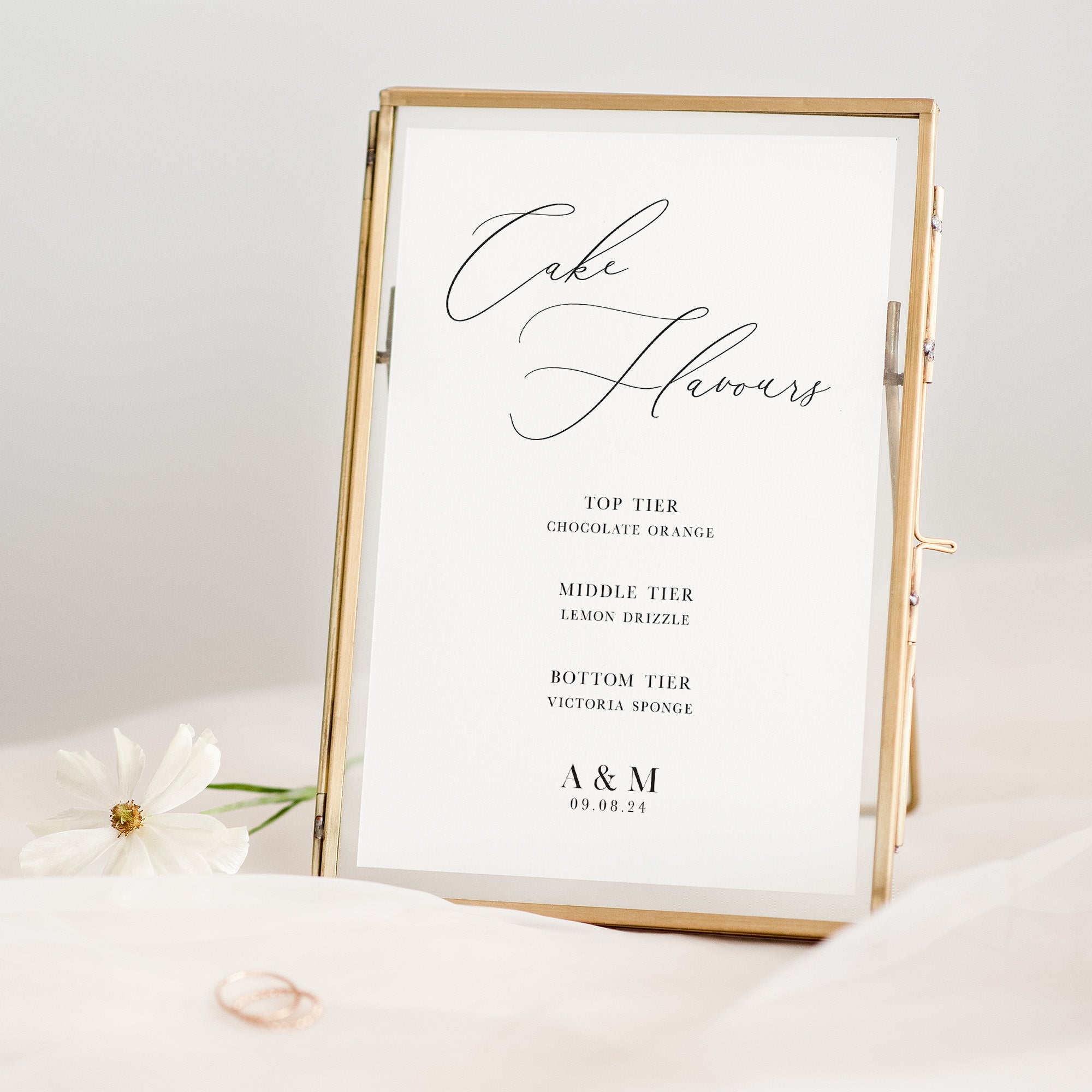 Wedding cake flavours sign with personalised monogram