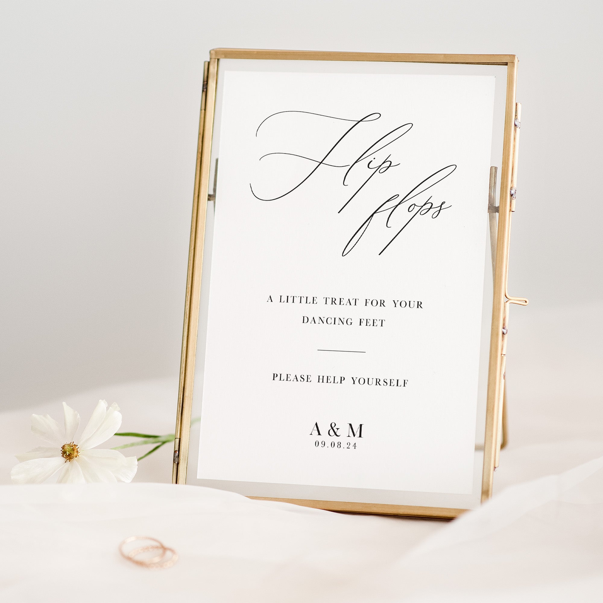Framed wedding sign for flip-flops with personalized initials on a white background