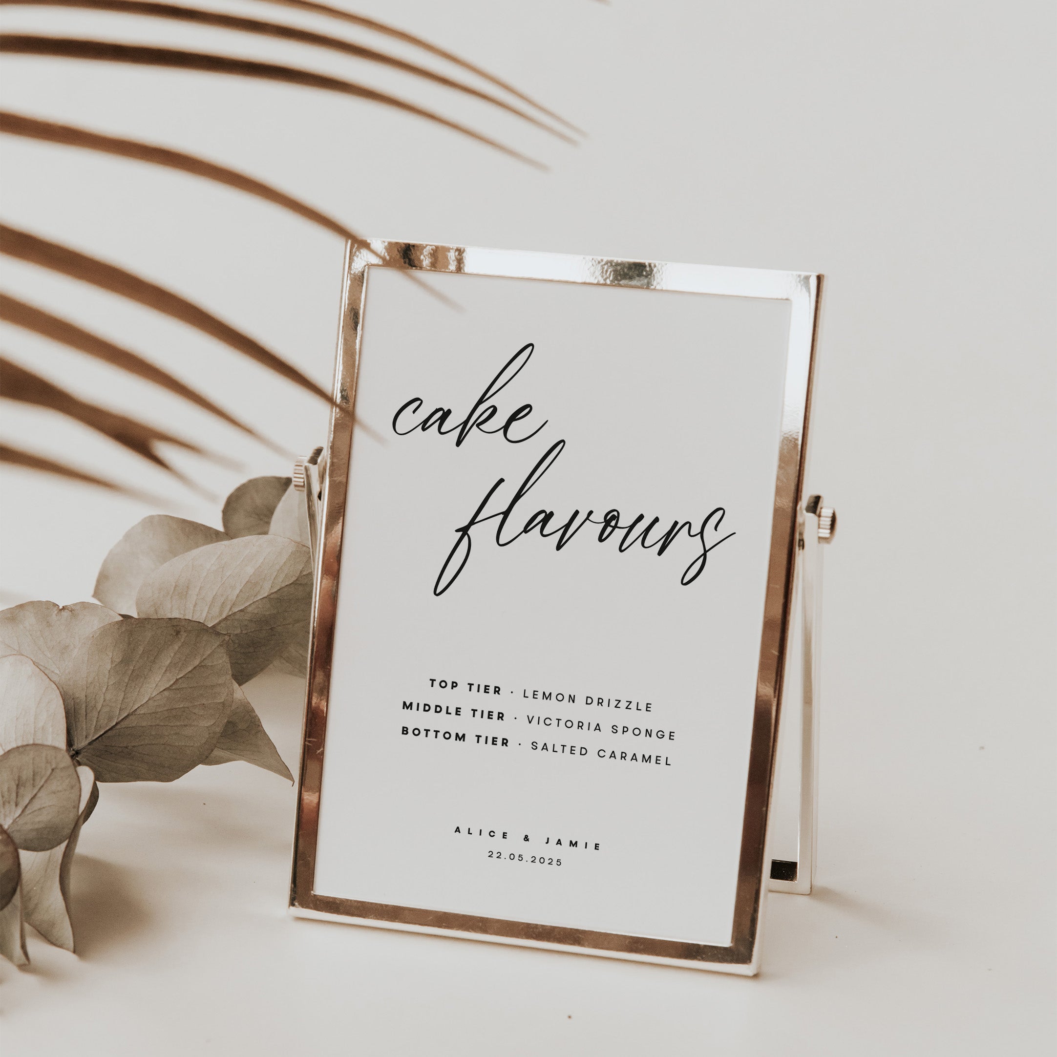 Cake flavours sign for wedding reception in rose gold frame