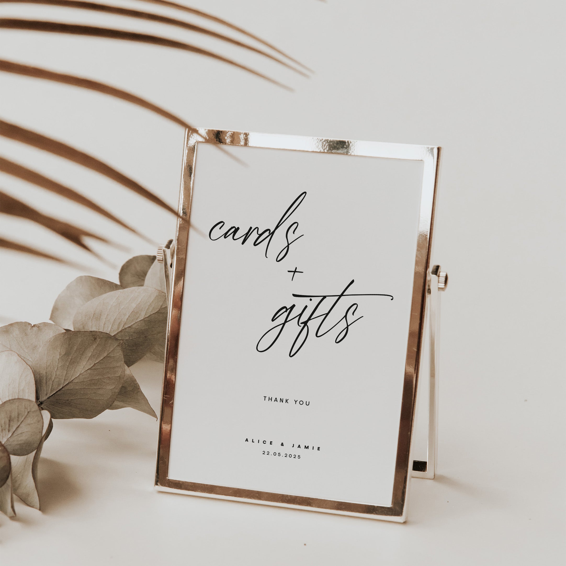 Cards and Gifts sign for wedding reception in rose gold frame