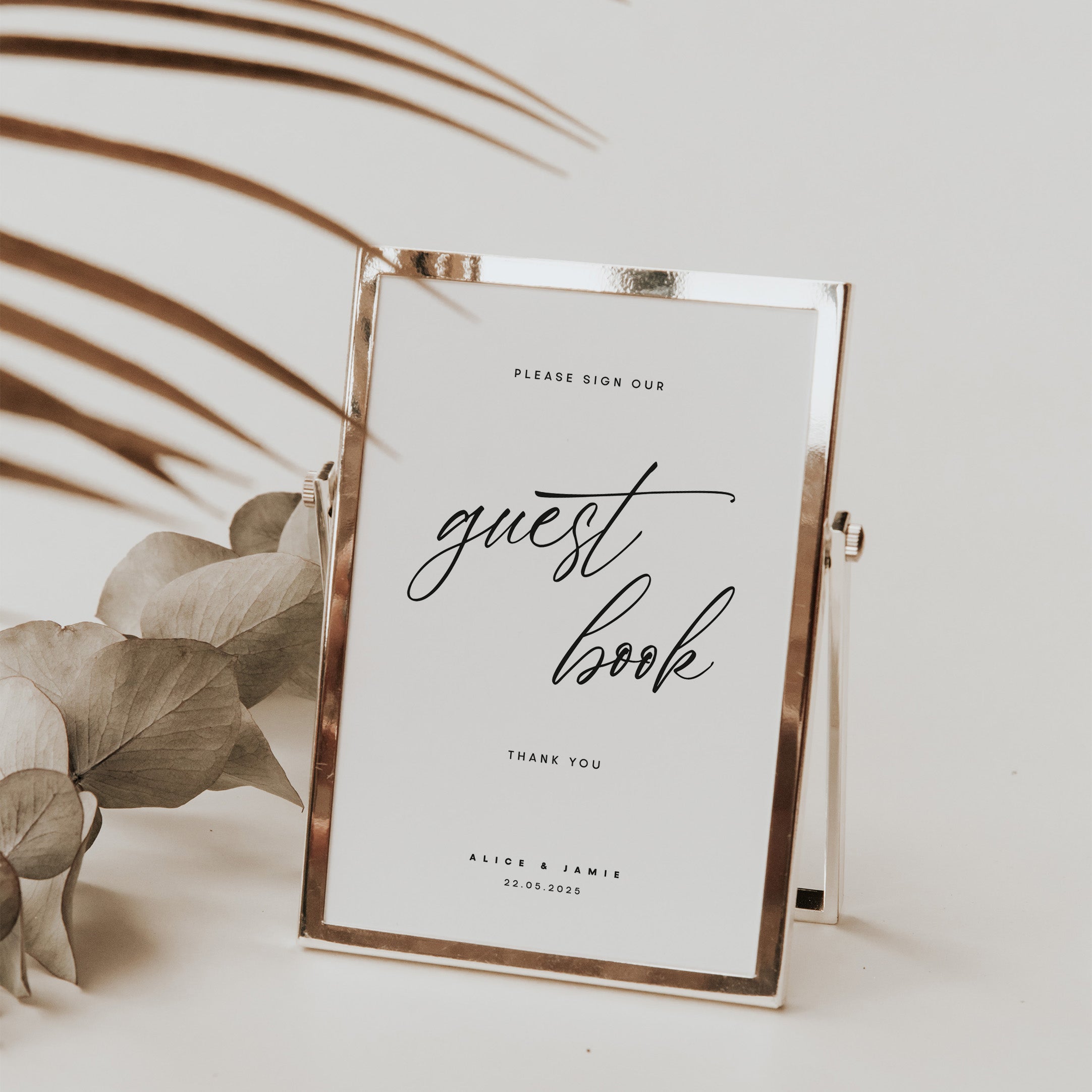 Sign our guest book sign for wedding reception in rose gold frame