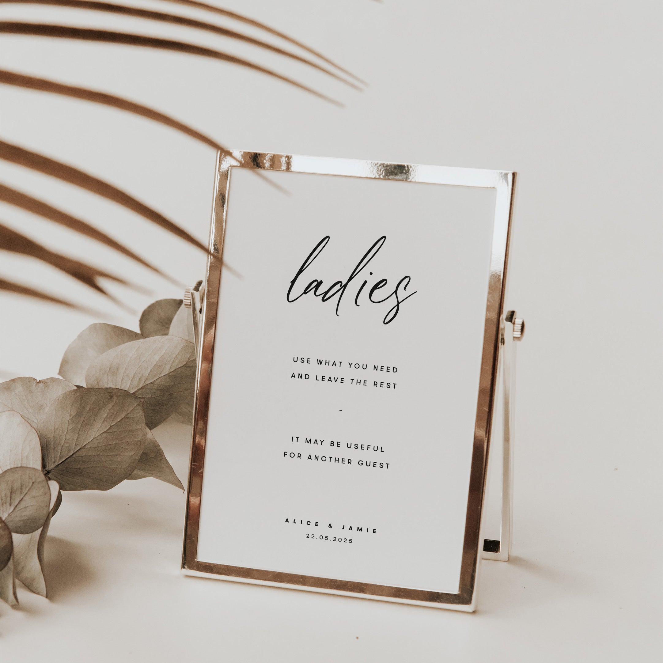 Ladies Toiletries Sign for Wedding Reception in Rose Gold Frame