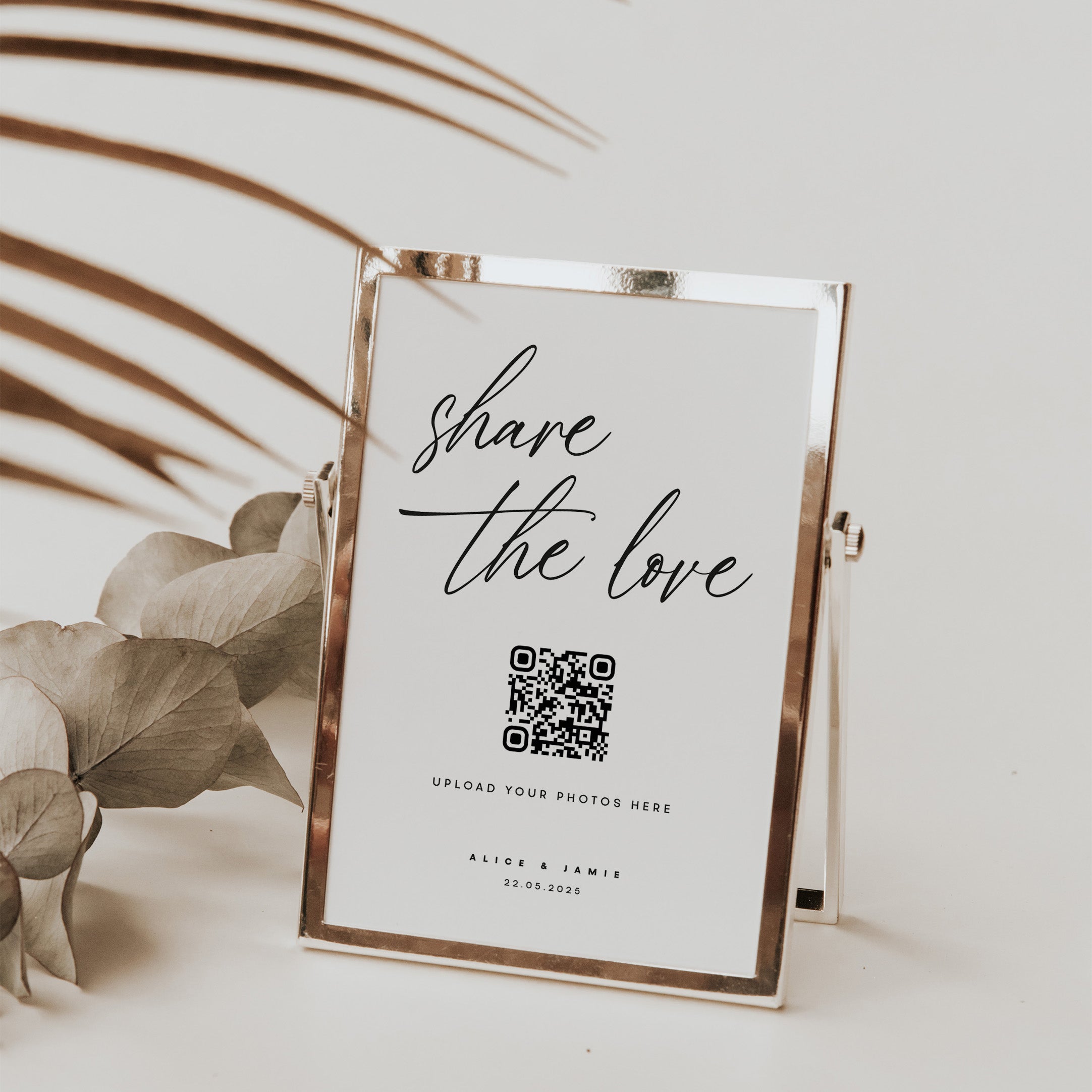 Share the Love Sign for Wedding Reception with QR Code, mounted in a rose gold frame