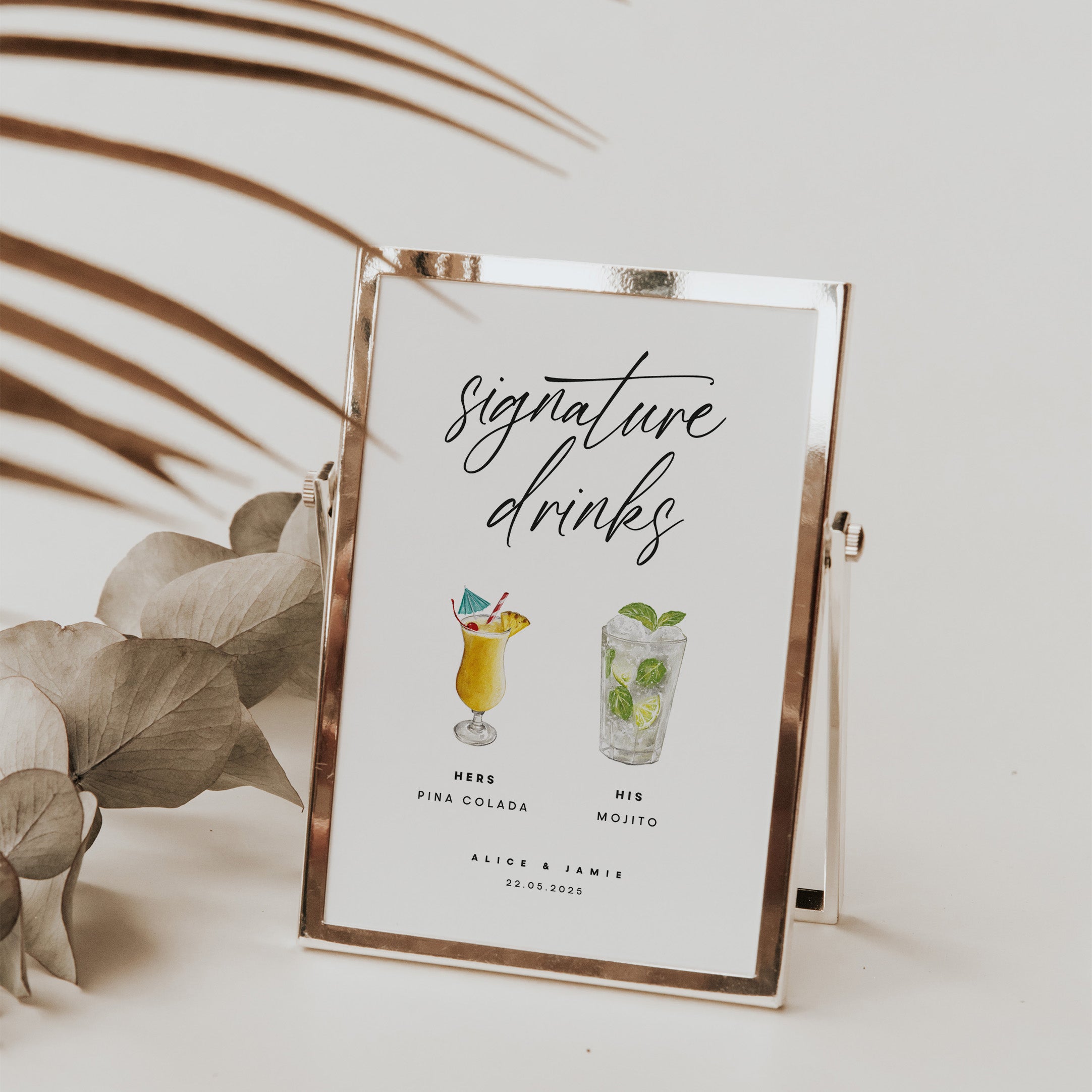 Signature Drinks Sign for Wedding Reception in Rose Gold Frame