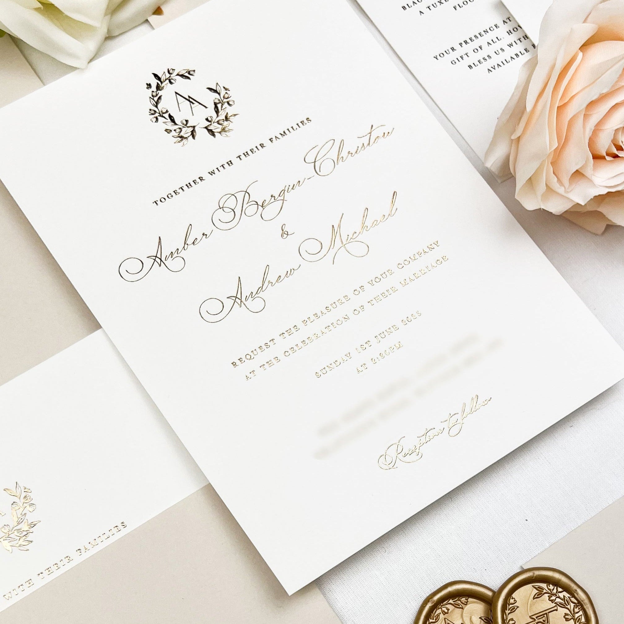 Luxury Foiled Wedding Invitations in Natural Colour Scheme with Personalised Wax Seals