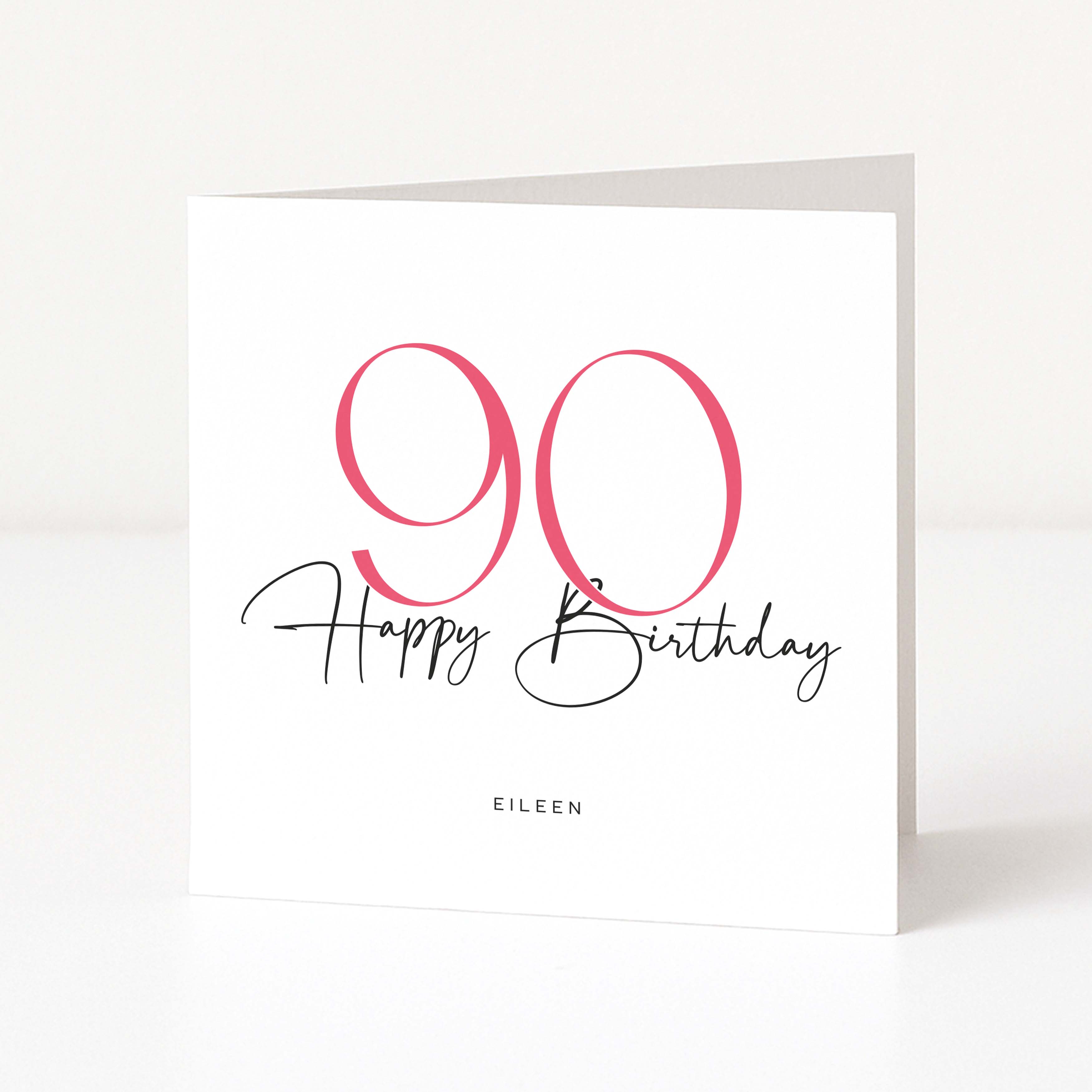 90th birthday card with pink numbers and 'Happy Birthday' text on a white background
