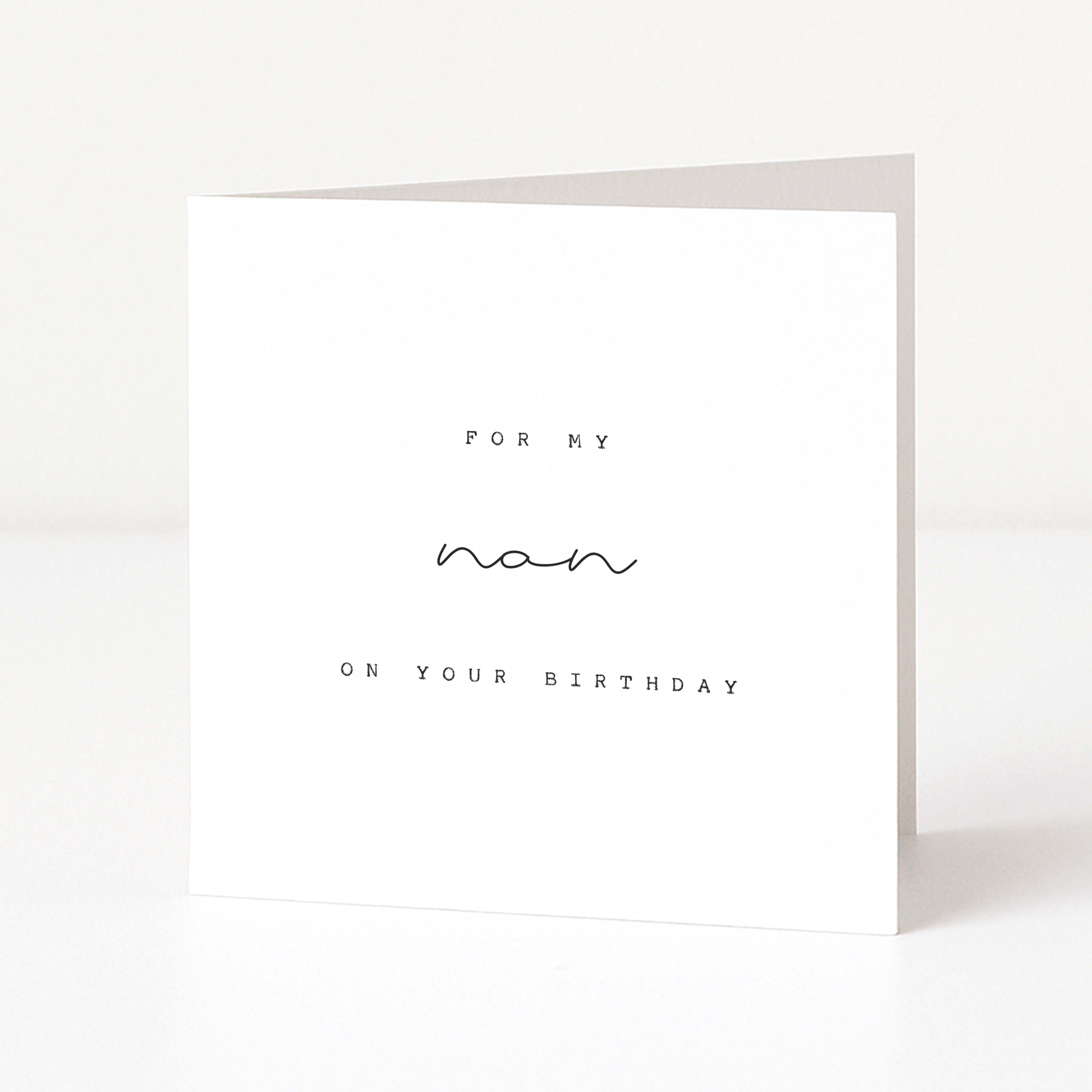 White birthday card with 'For my nan on your birthday' text on a white background
